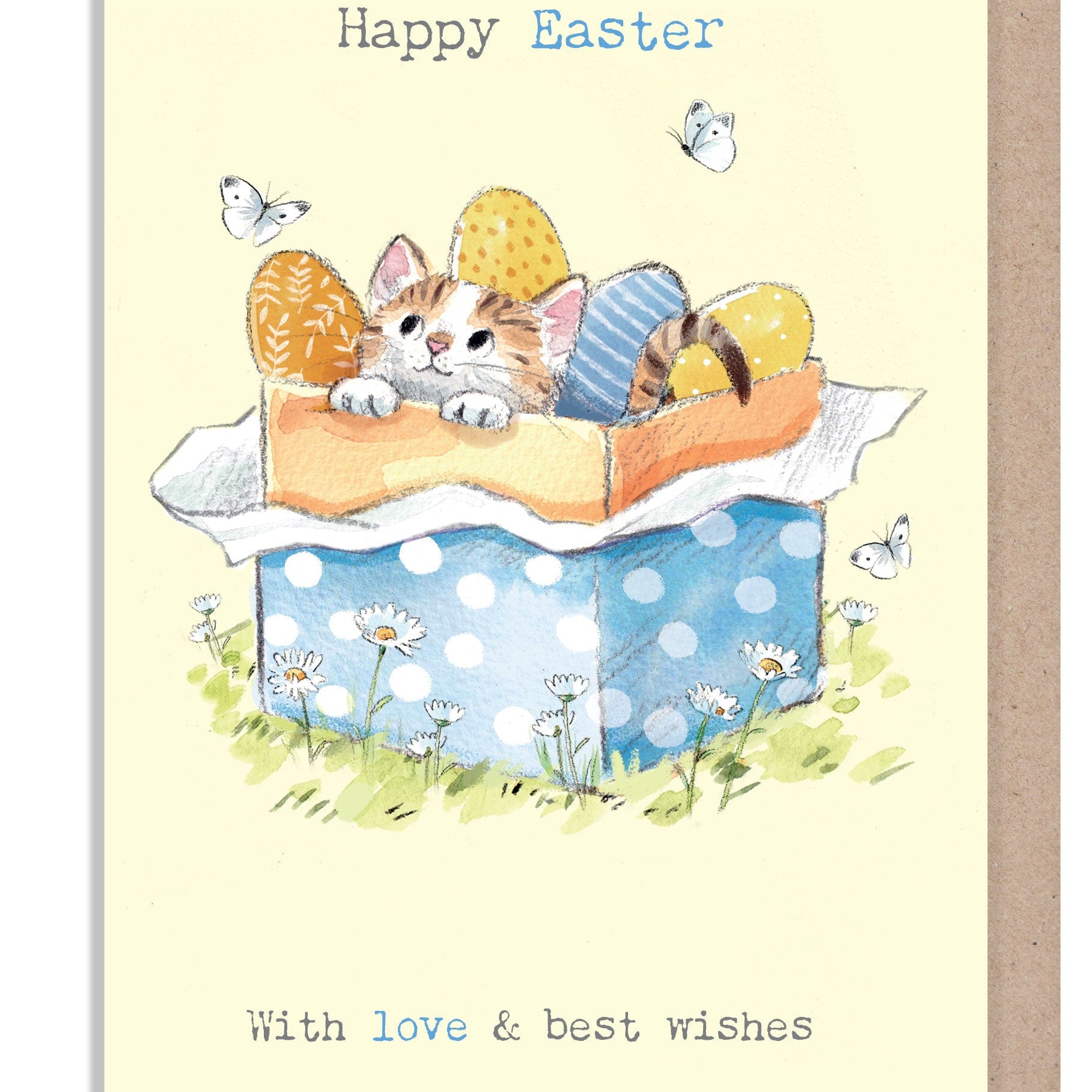 Easter Card - Happy Easter - Kitten in Box with Eggs and Butterflies