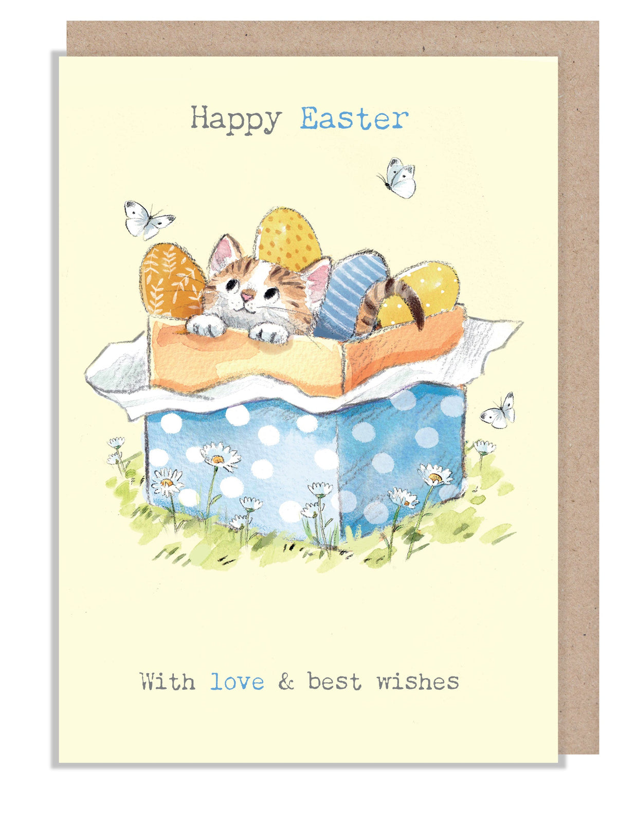 Easter Card - Happy Easter - Kitten in Box with Eggs and Butterflies