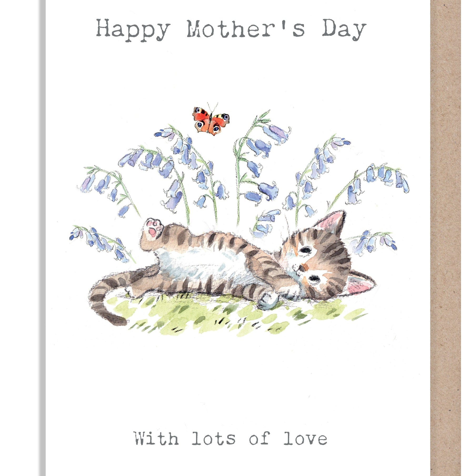 Mother's Day Card - with Lots Of Love - Kittne with Butterfly and Bluebells