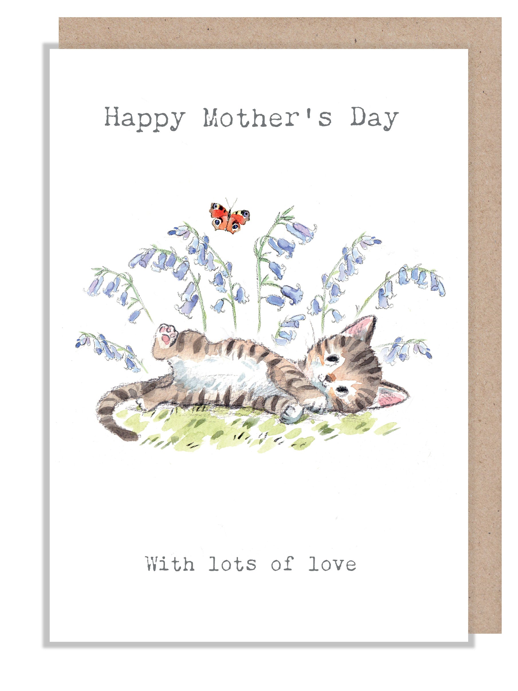 Mother's Day Card - with Lots Of Love - Kittne with Butterfly and Bluebells