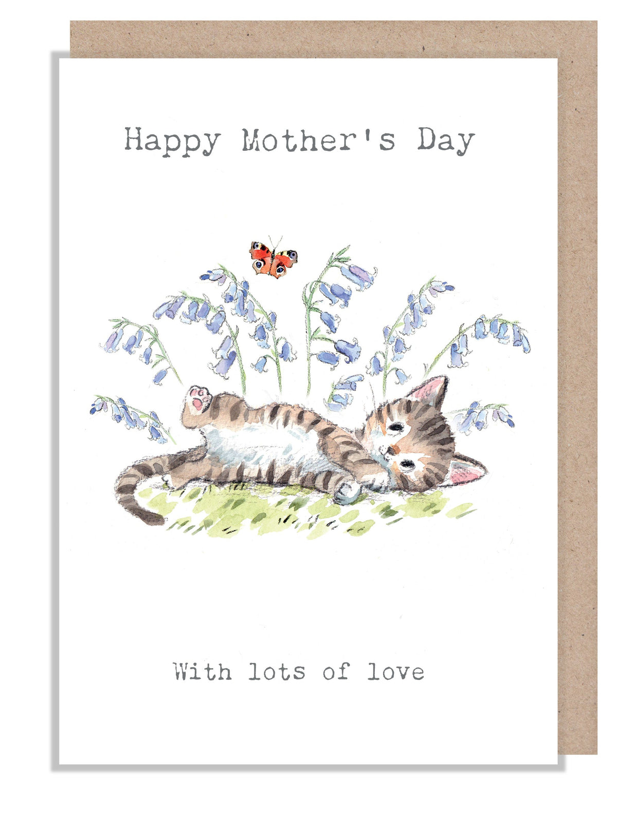 Mother's Day Card - with Lots Of Love - Kittne with Butterfly and Bluebells