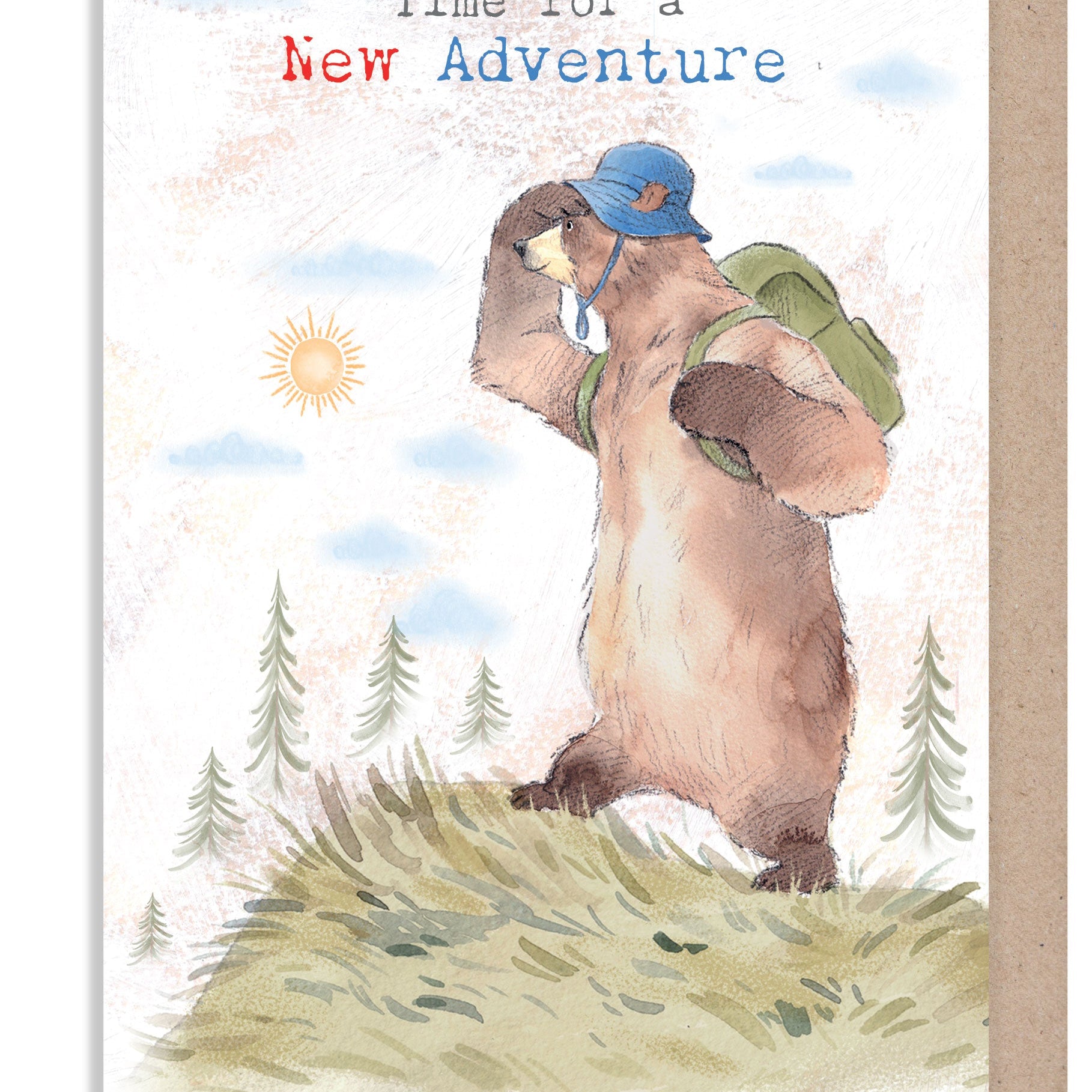 Greeting Card - New Adventure - Hiking Bear on Hill