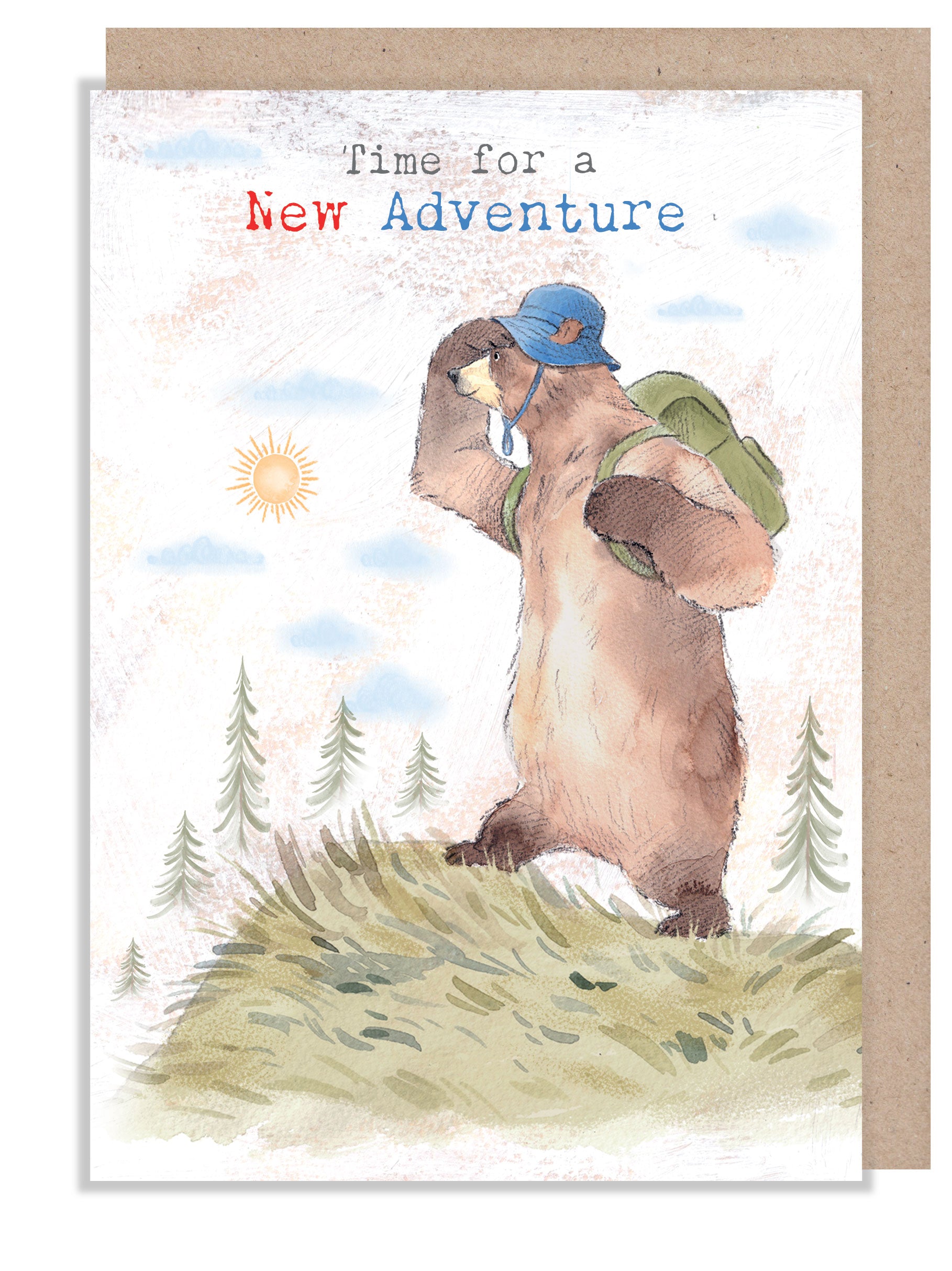 Greeting Card - New Adventure - Hiking Bear on Hill