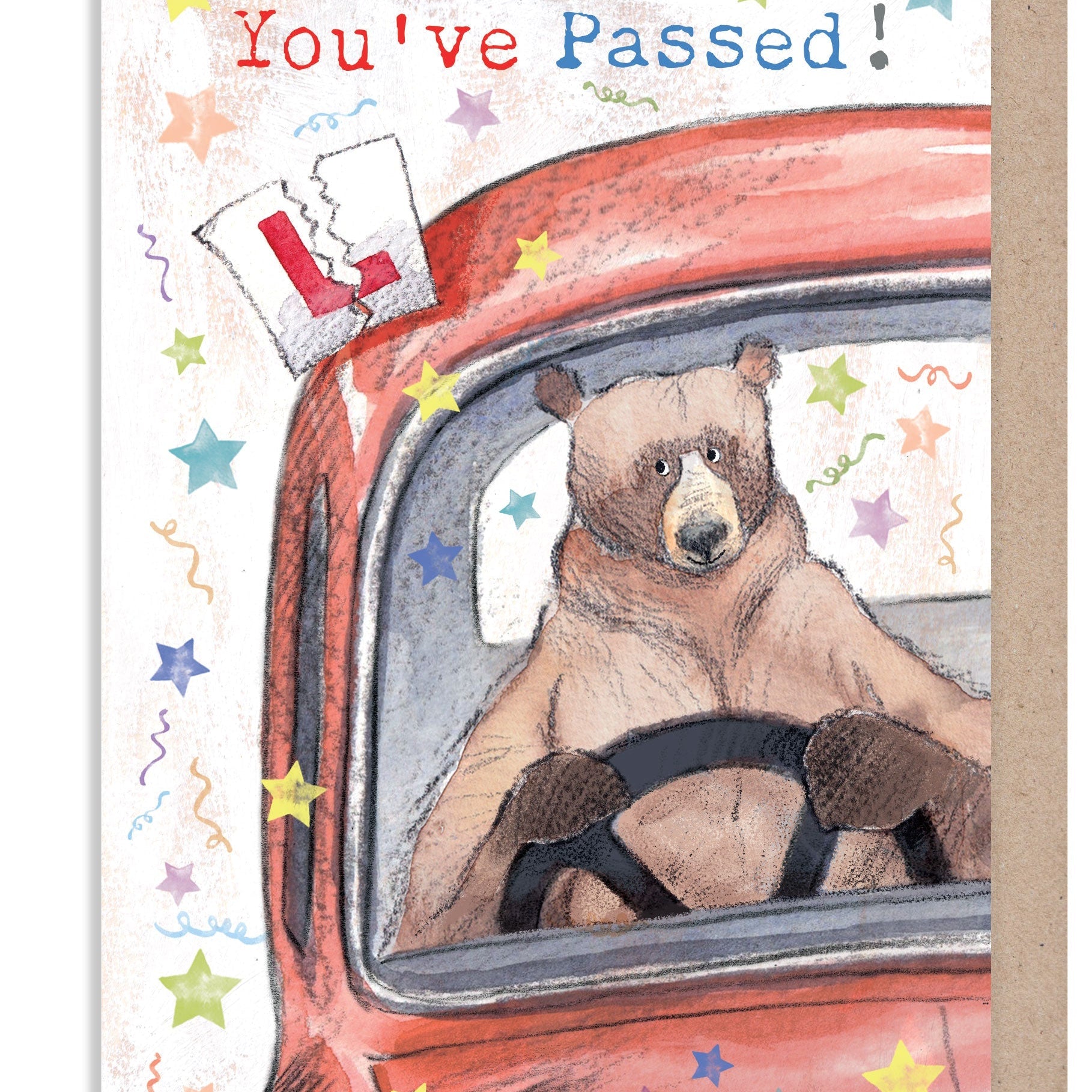 Greeting Card - Driving - You've Passed - Bear in Red Car