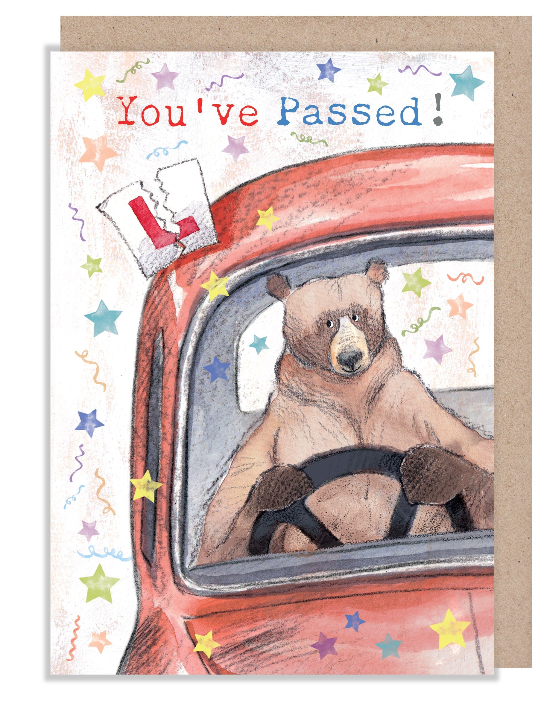 Greeting Card - Driving - You've Passed - Bear in Red Car