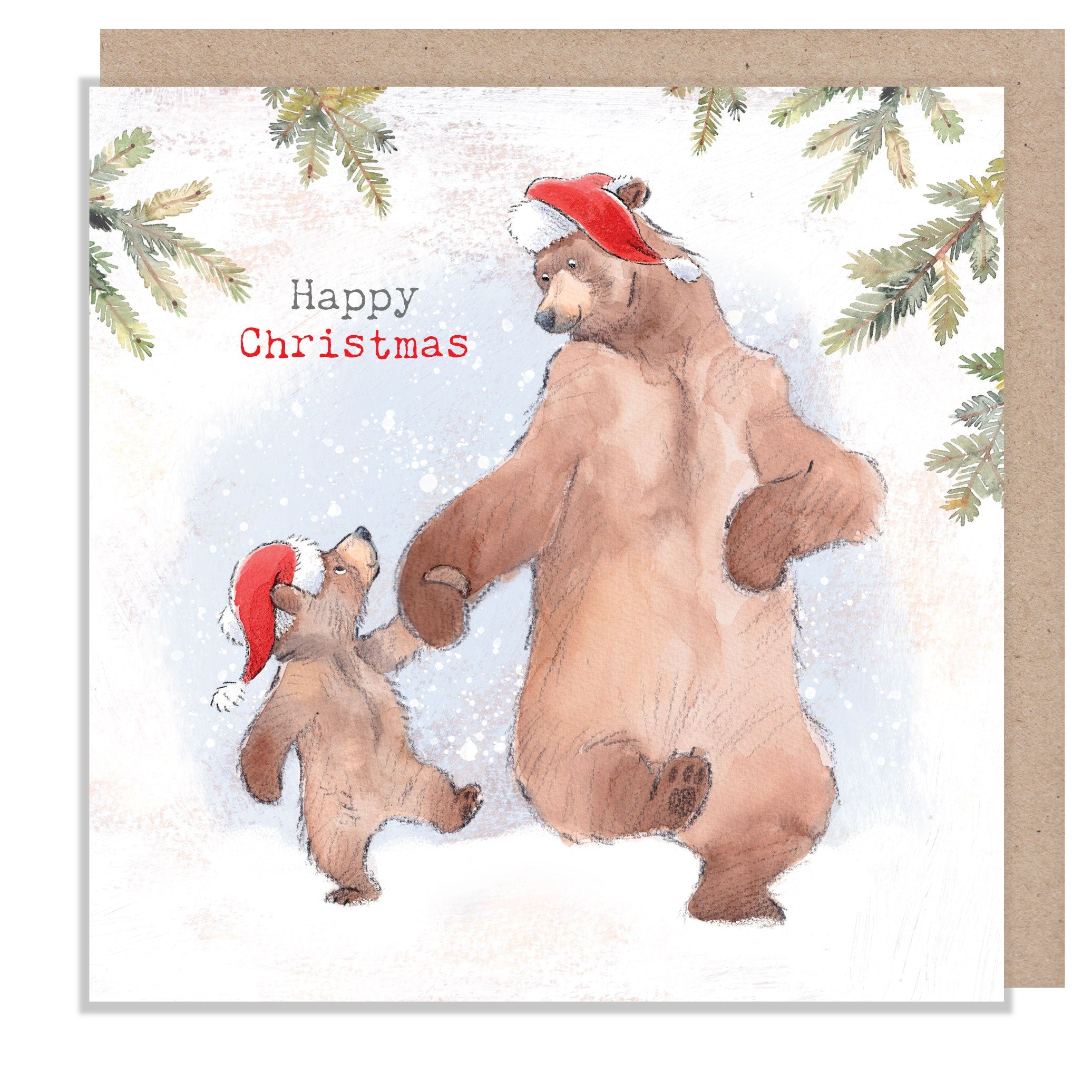 Christmas Card - Happy Christmas - Bear and Cub with Hats