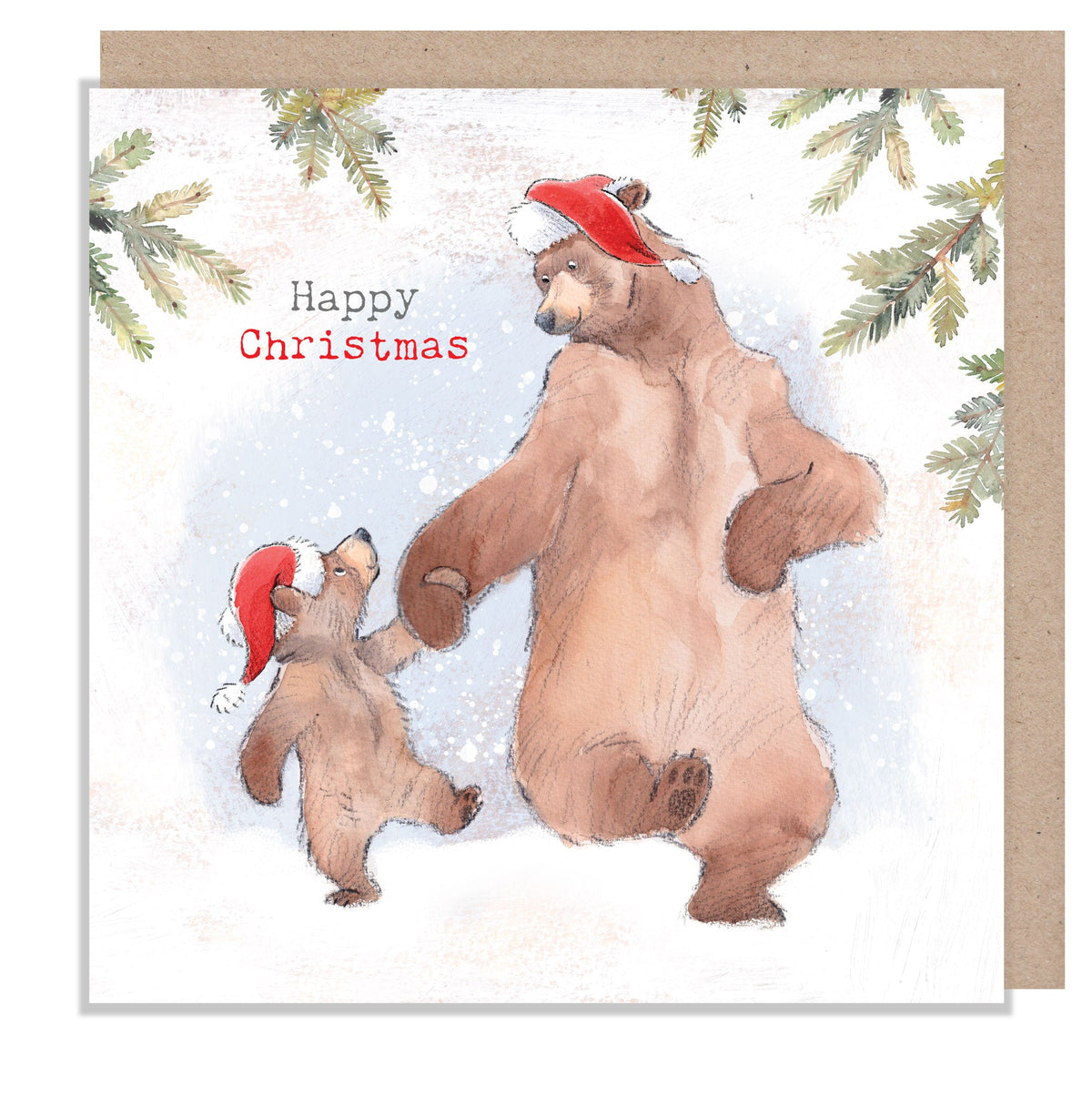 Christmas Card - Happy Christmas - Bear and Cub with Hats