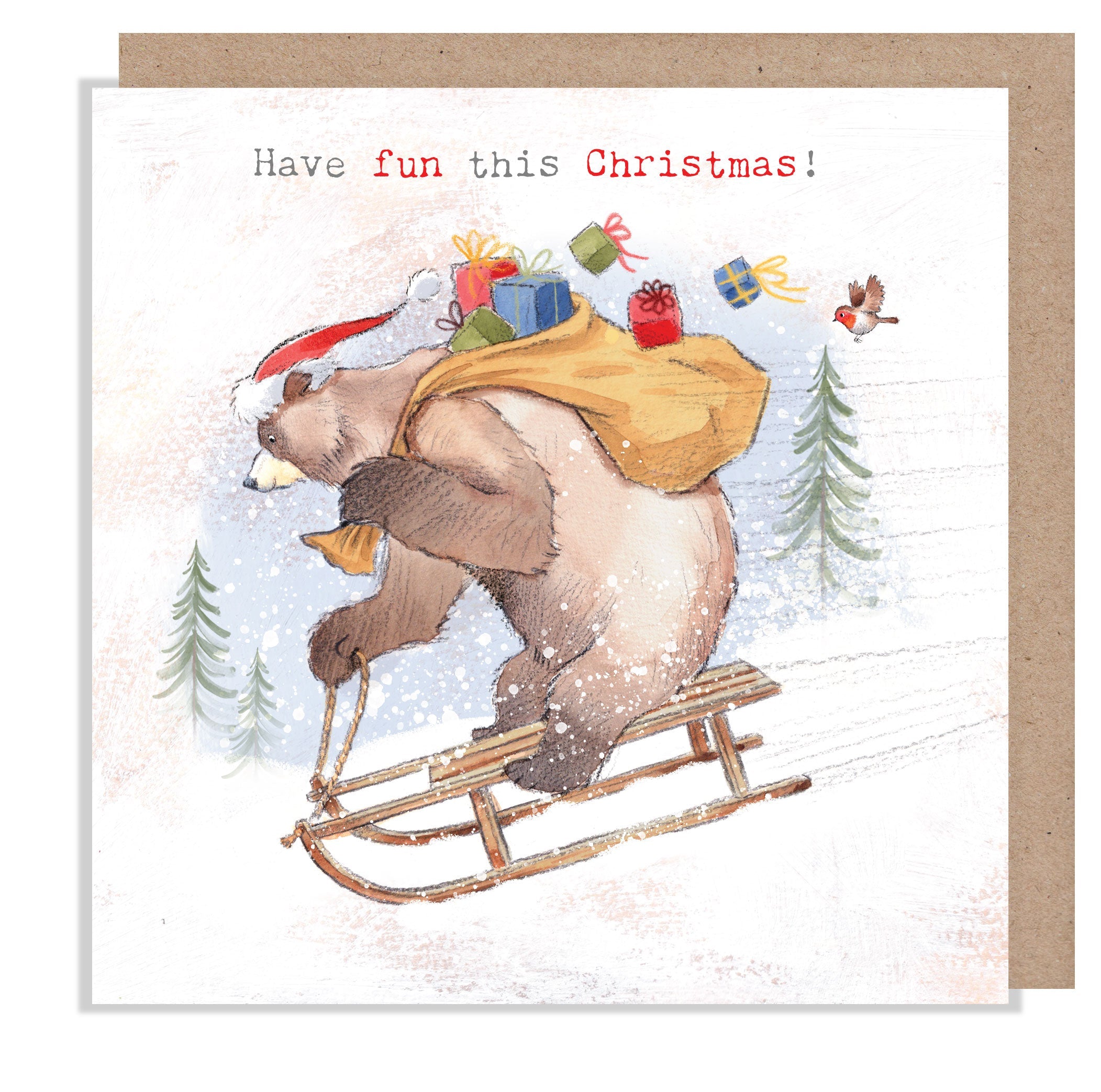 Christmas Card - Have Fun This Christmas - Bear on Sledge with Presents