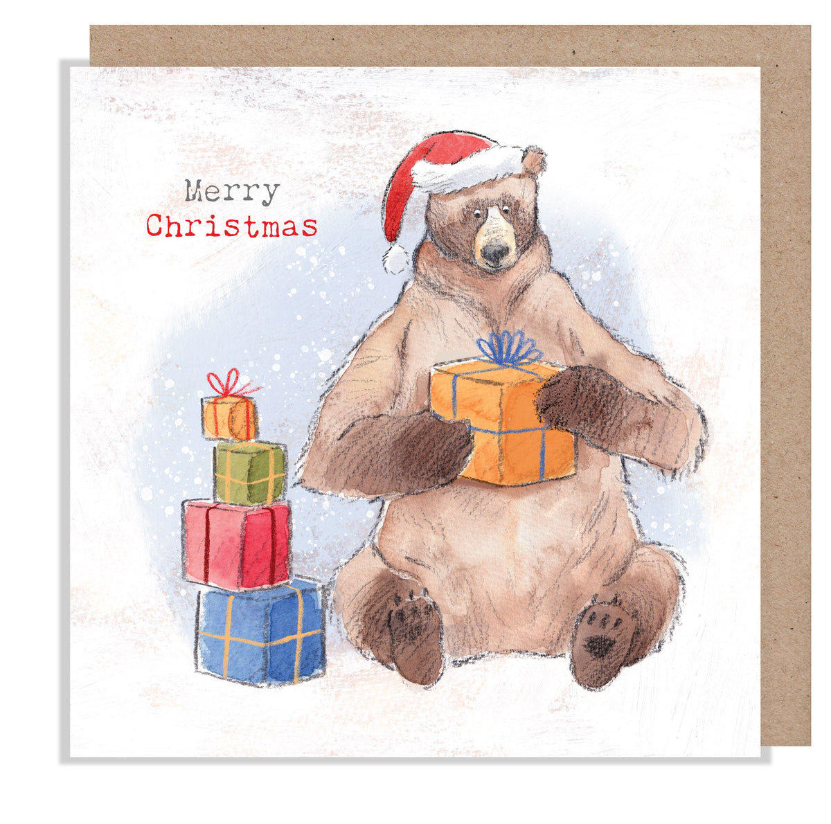 Christmas Card - Merry Christmas - Bear with Pile Of Presents