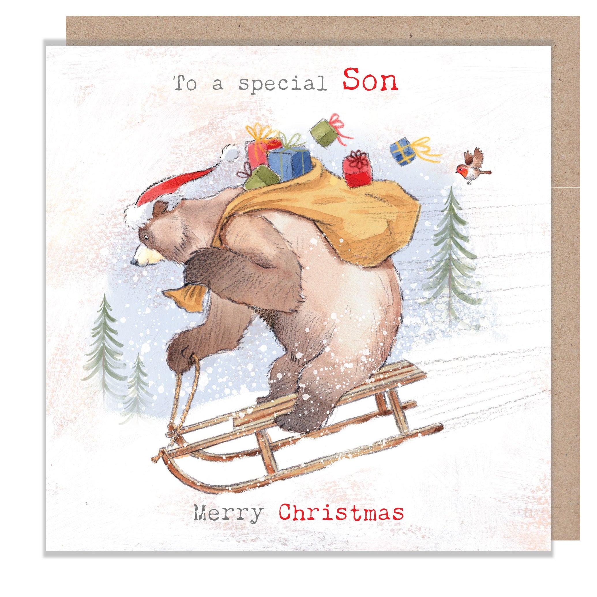 Christmas Card - Special Son - Bear on Sledge with Presents