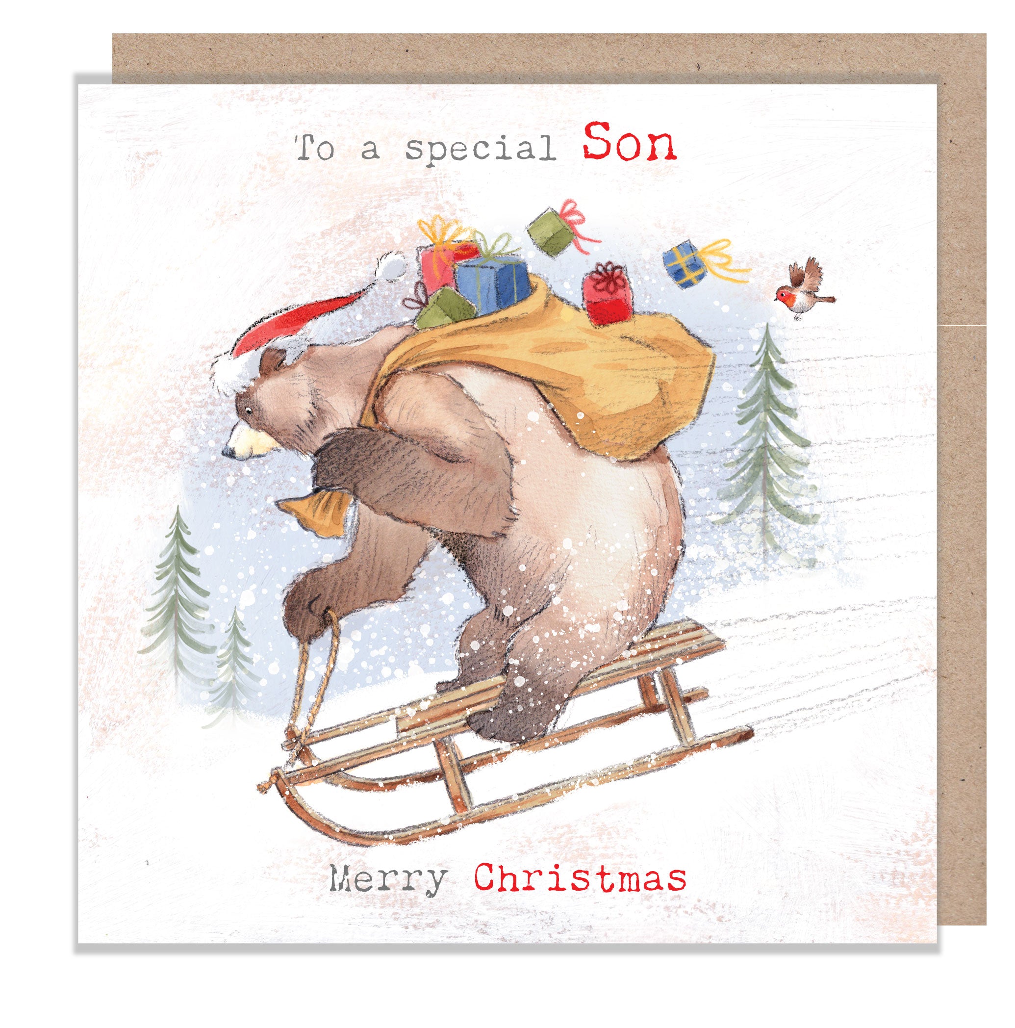 Christmas Card - Special Son - Bear on Sledge with Presents