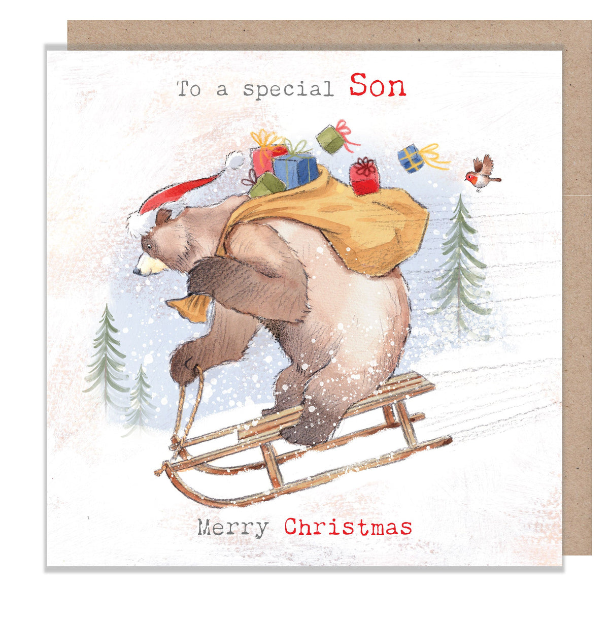 Christmas Card - Special Son - Bear on Sledge with Presents