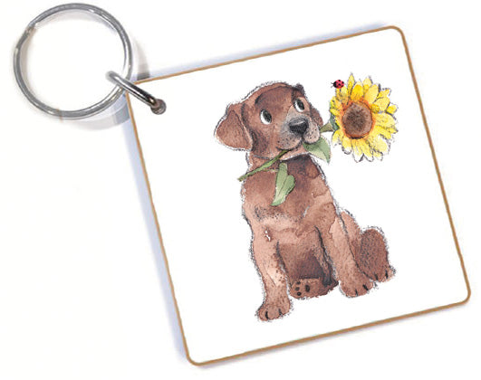 Quality Keyring - Brown Puppy with Sunflower
