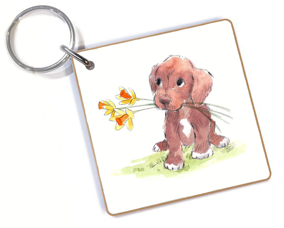 Quality Keyring - Brown puppy with daffodils