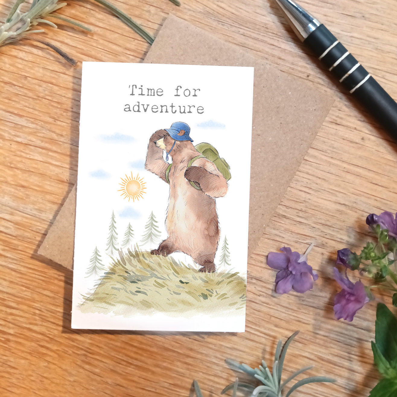 Keepsake Card - Time for Adventure - Hiking Bear on Hill