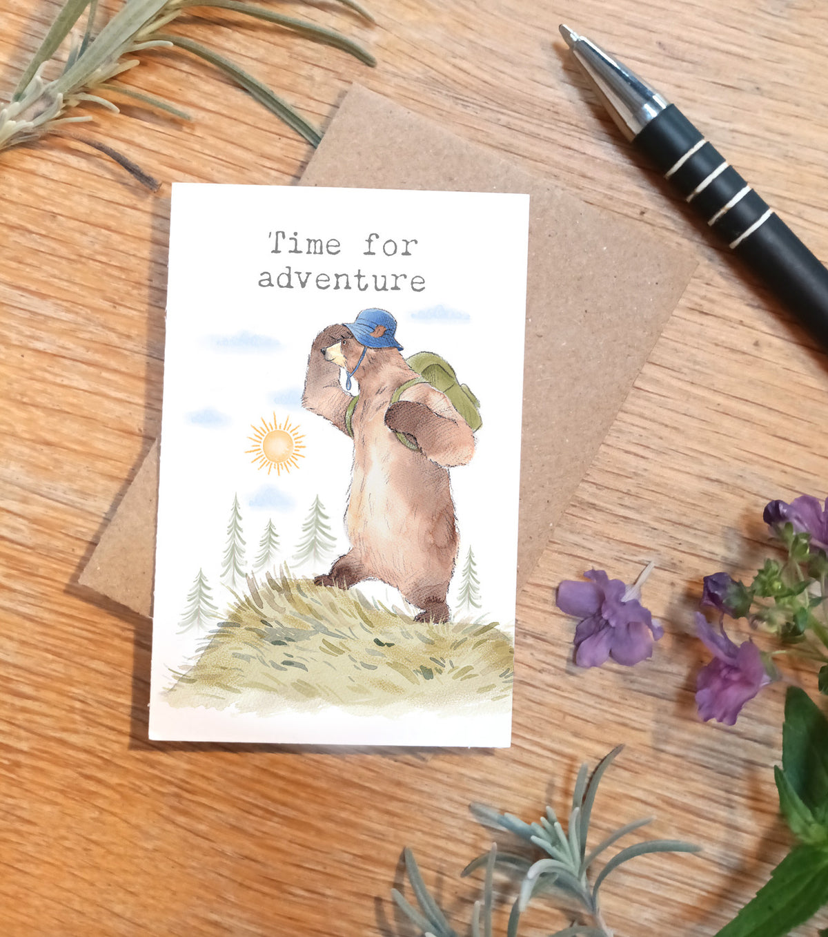 Keepsake Card - Time for Adventure - Hiking Bear on Hill