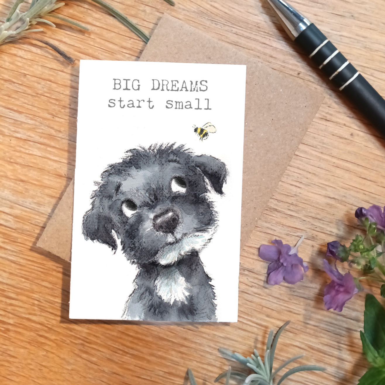 Keepsake Card - Big Dreams Start Small - Black Puppy with Bee
