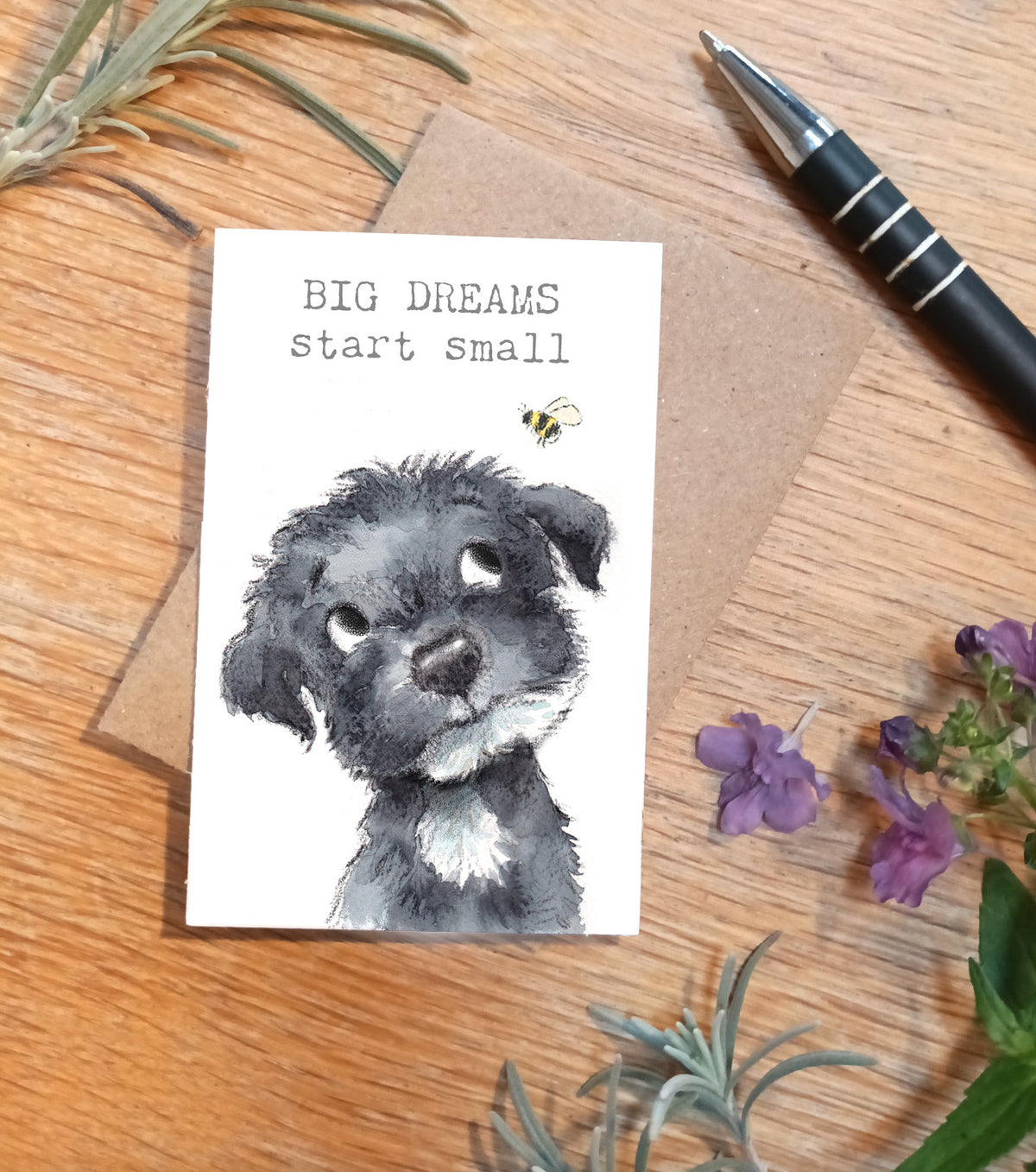 Keepsake Card - Big Dreams Start Small - Black Puppy with Bee
