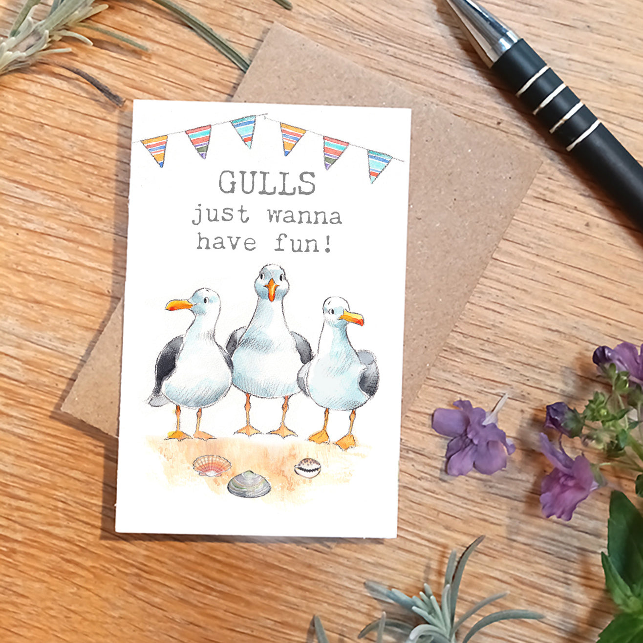 Keepsake Card - Gulls Just Wanna Have Fun - Seagulls and Bunting