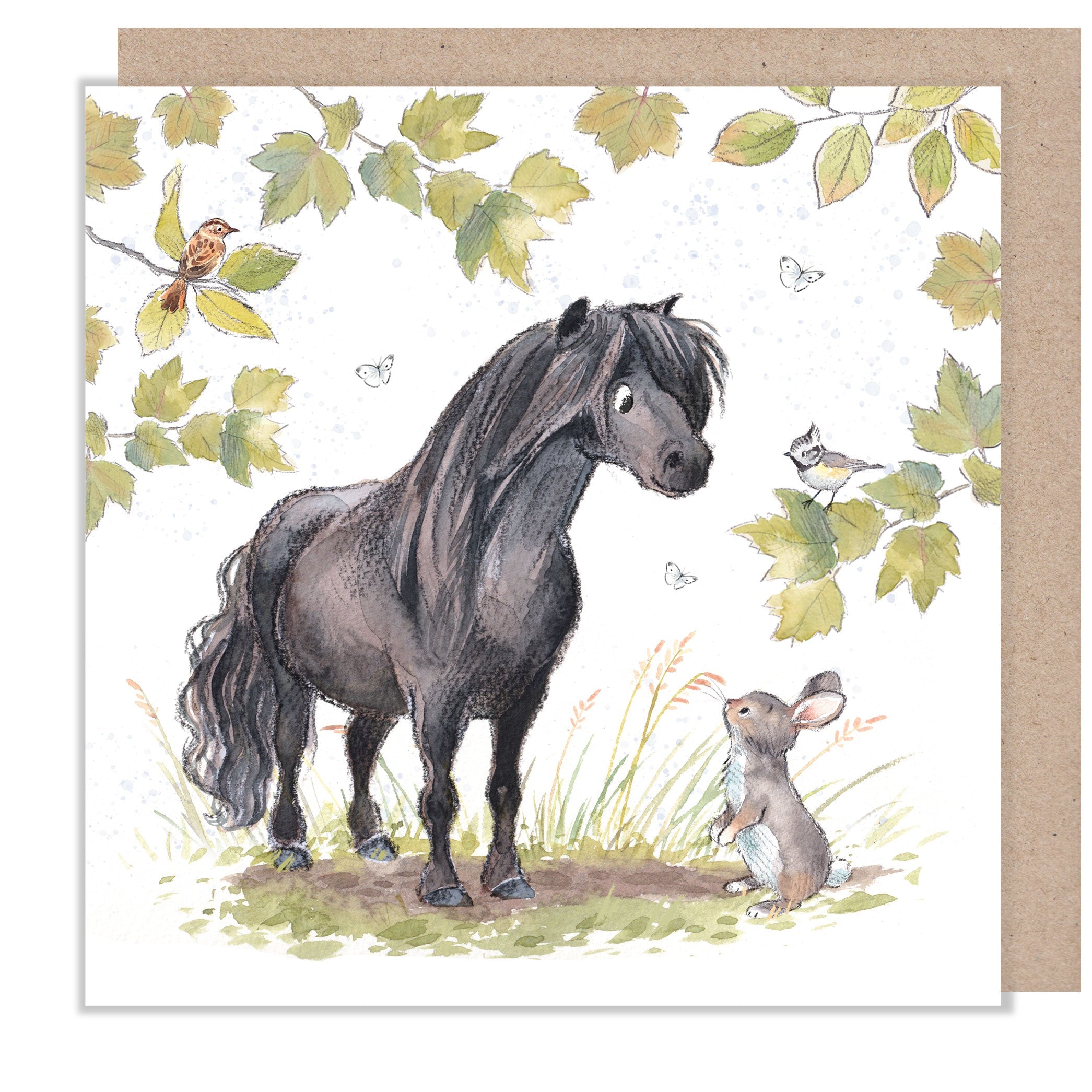 Greeting Card - Blank - Black Pony with Rabbit and Bird