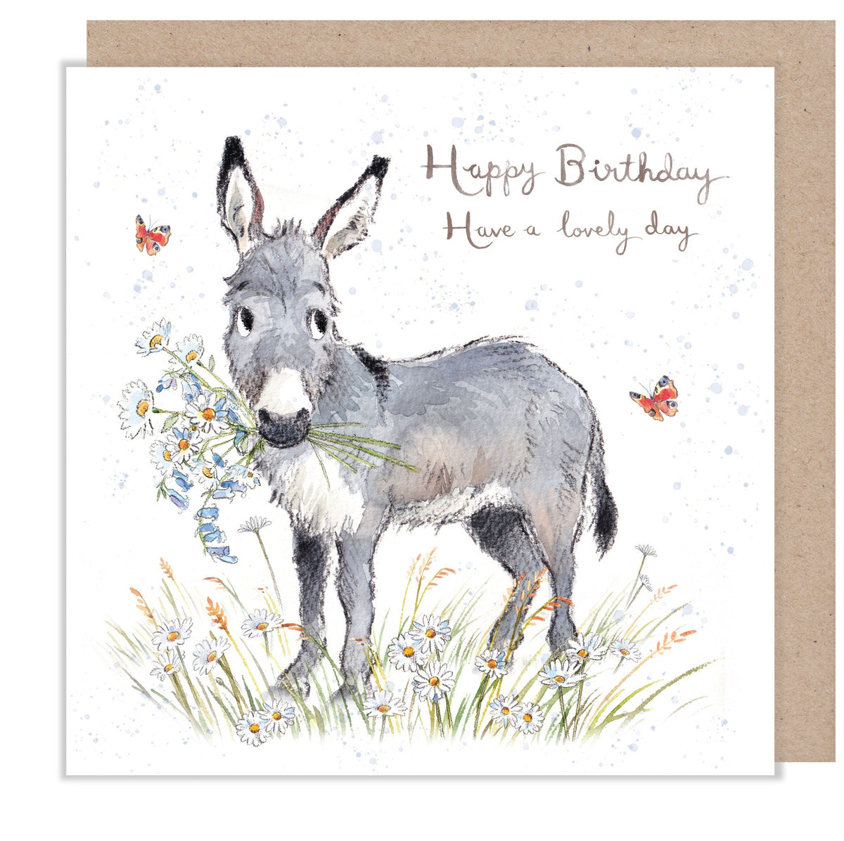Greeting Card - Happy Birthday, Have a Lovely Day - Donkey with Flowers and Butterflies