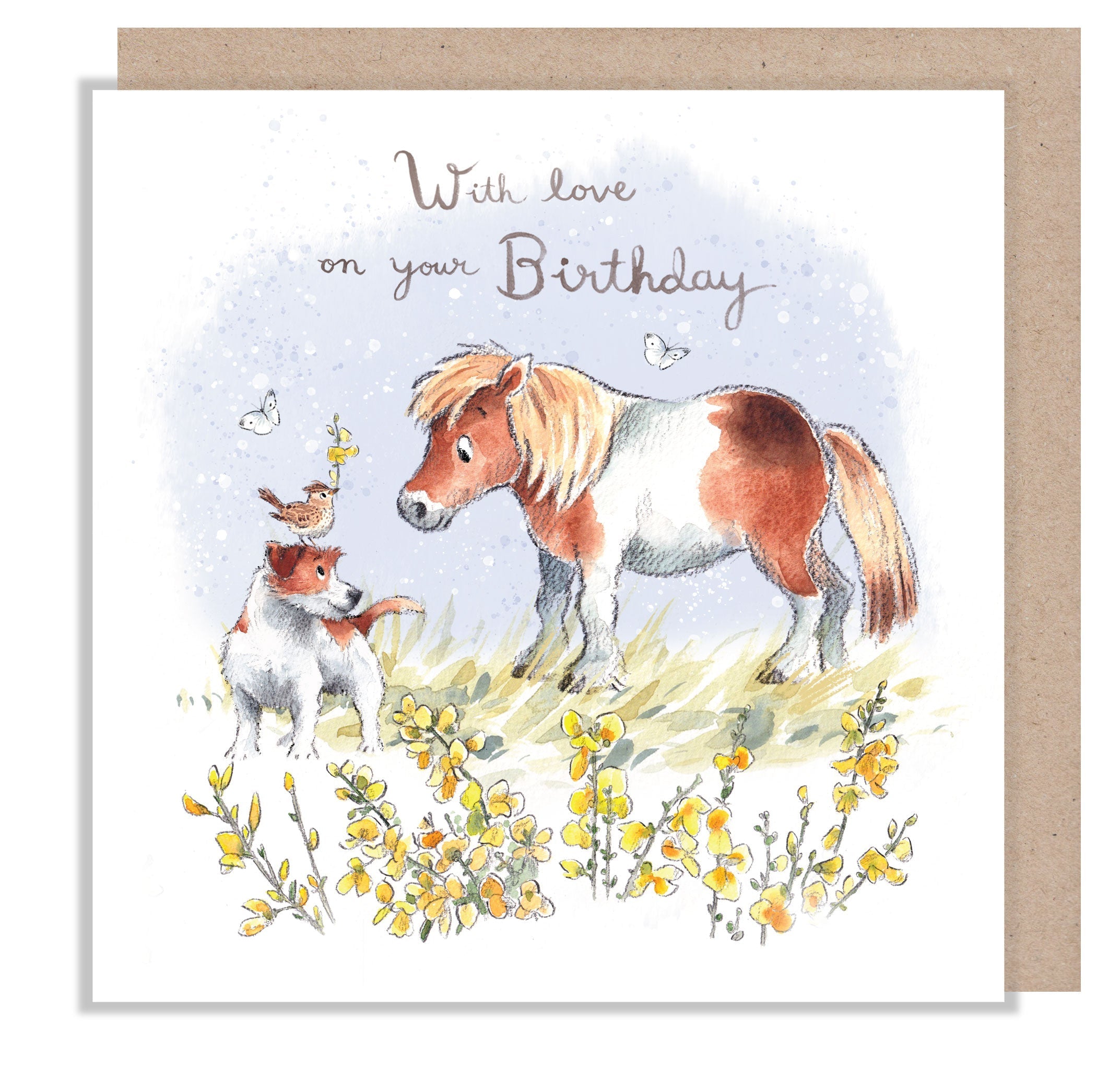 Greeting Card - With Love on Your Birthday - Jack Russell, Bird and White and Brown Pony