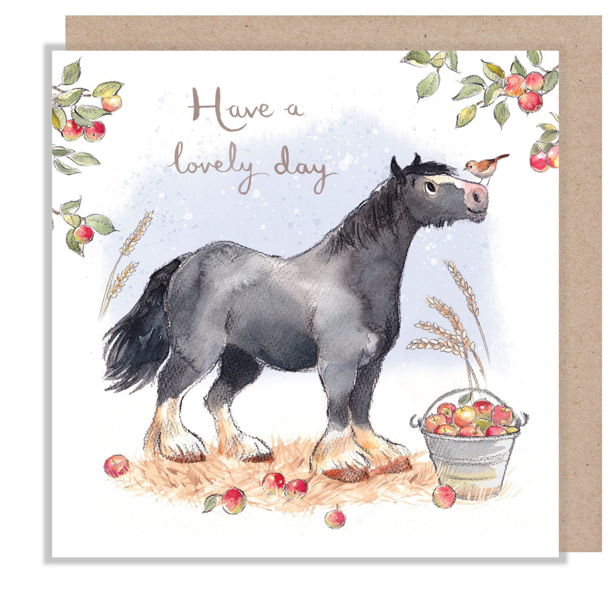 Greeting Card - Have a Lovely Day - Black Shire Horse with Apples