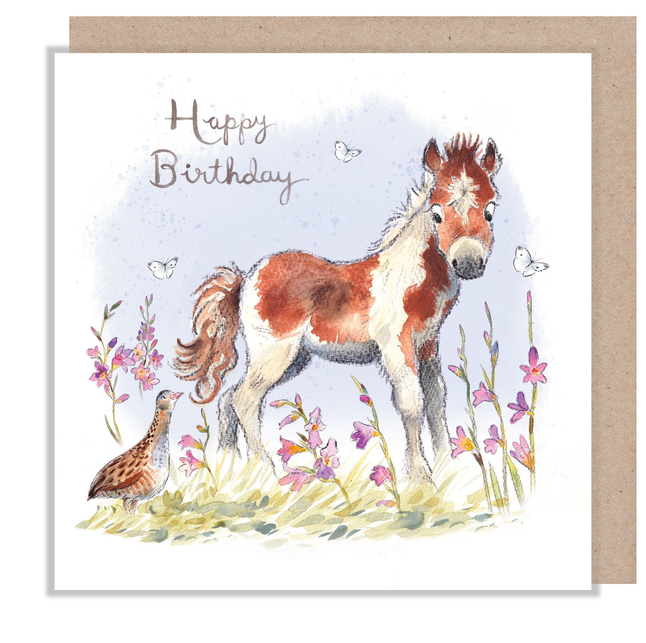Greeting Card - Happy Birthday - White and Brown Pony with Bird and Pink Flowers