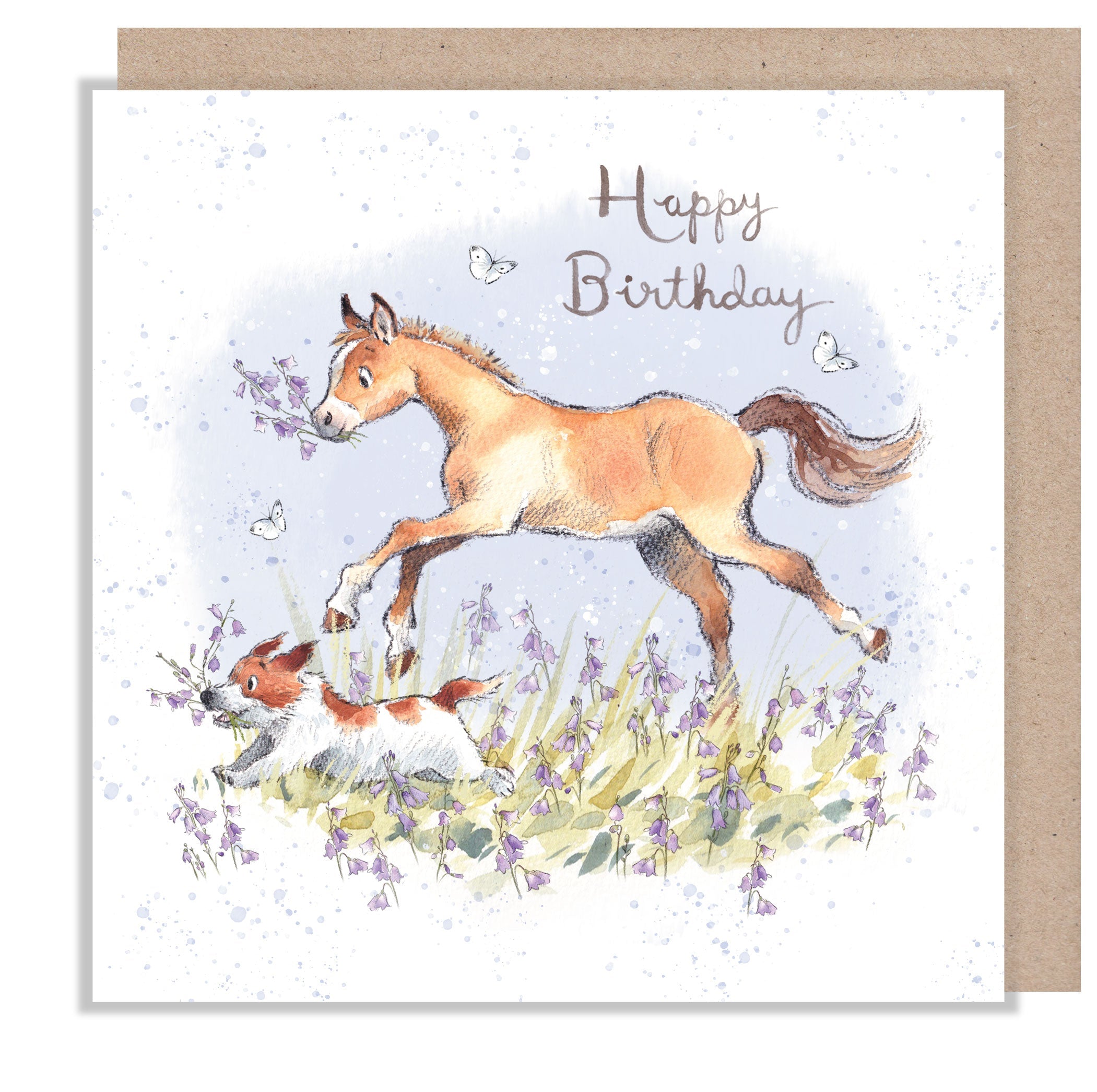 Greeting Card - Happy Birthday - Brown Horse and Jack Russell Running Amongst Flowers
