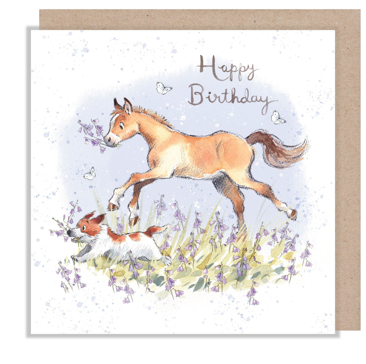 Greeting Card - Happy Birthday - Brown Horse and Jack Russell Running Amongst Flowers