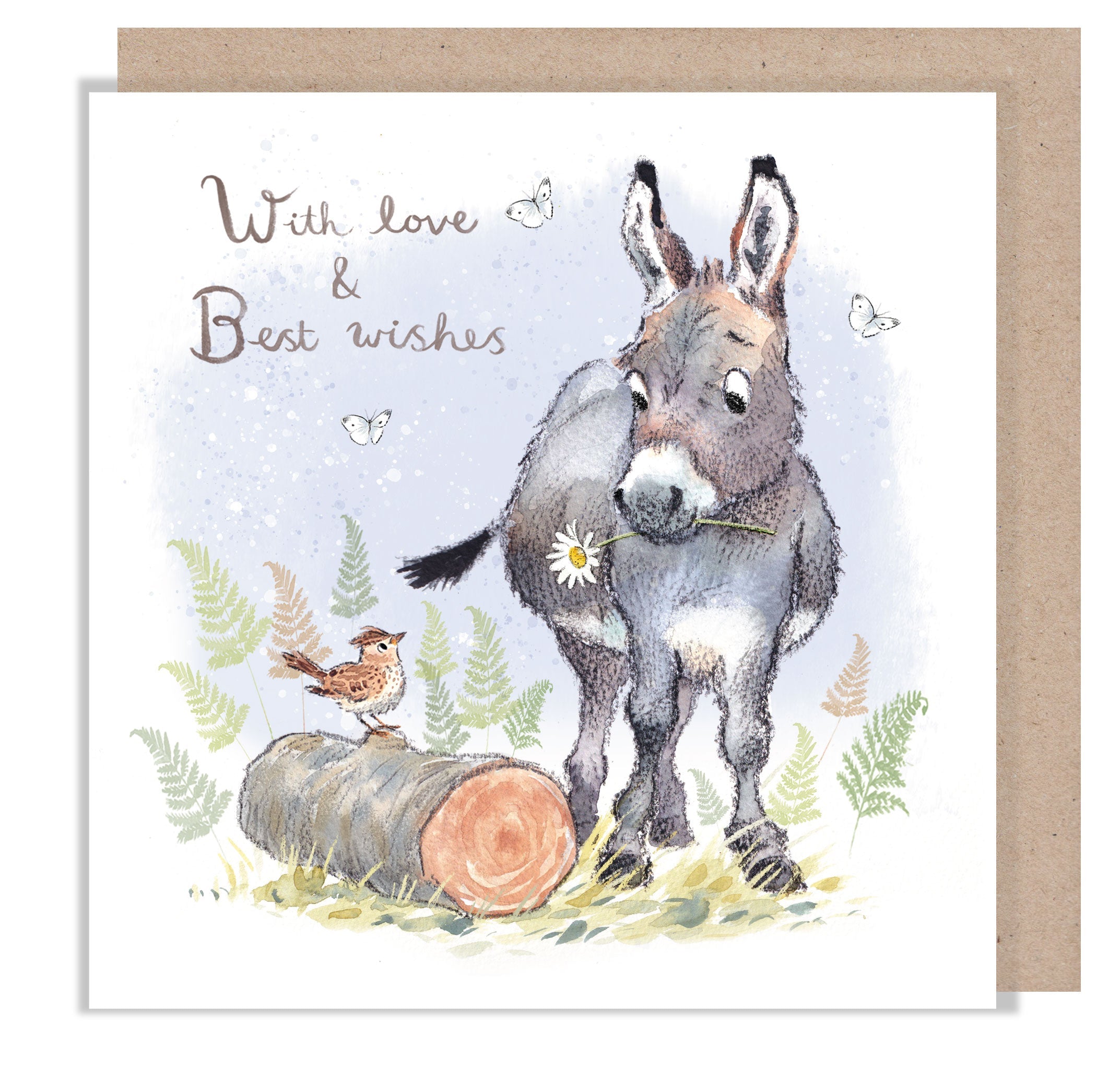 Greeting Card - With Love & Best Wishes - Donkey with Bird on Log