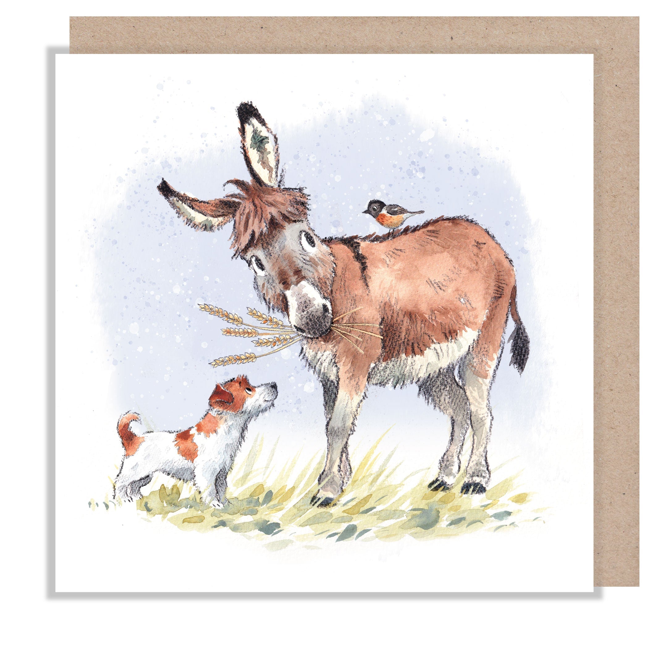 Greeting Card - Blank - Brown Donkey with Bird and Jack Russell
