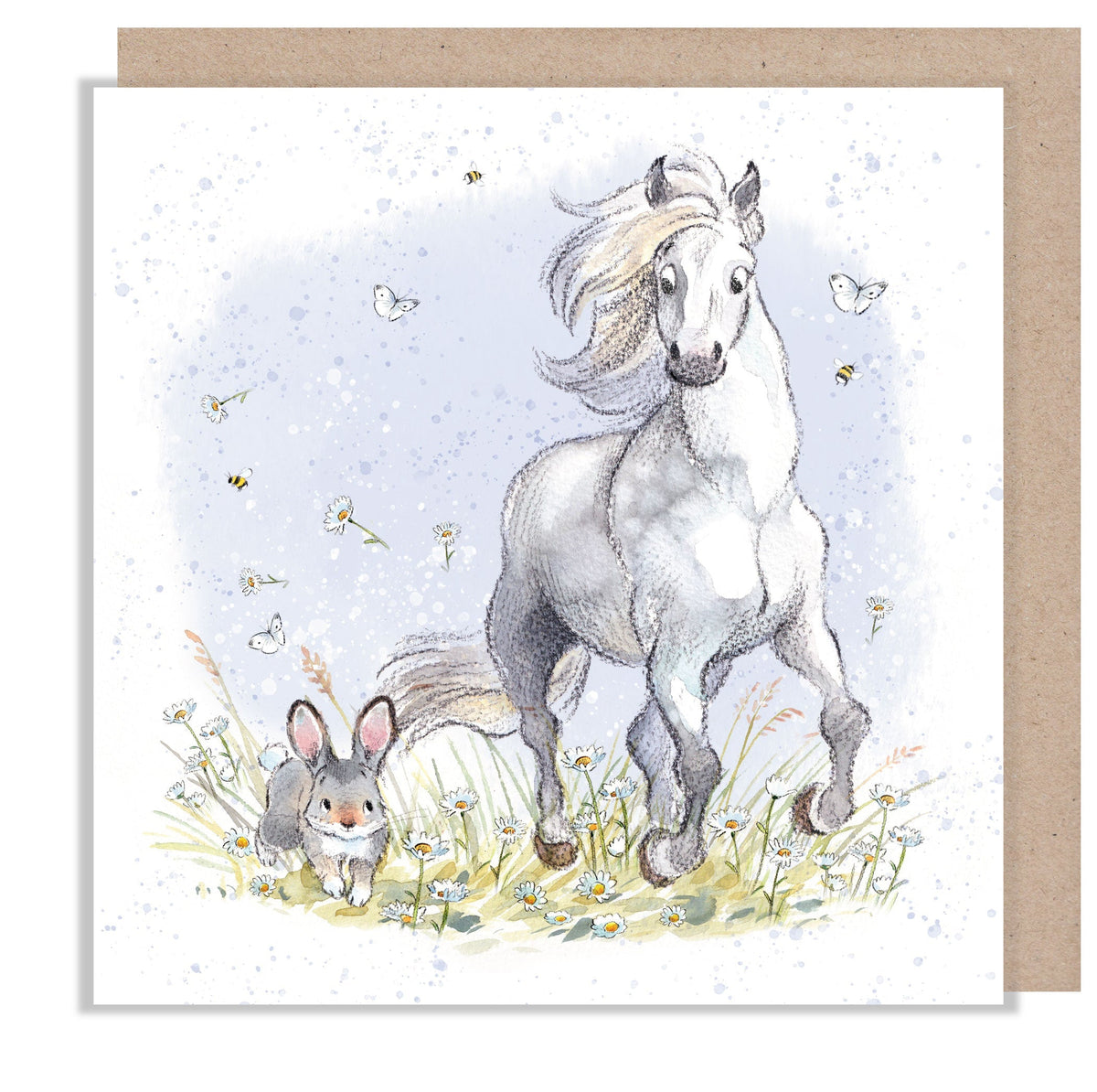 Greeting Card - Blank - White Horse Running with Rabbit