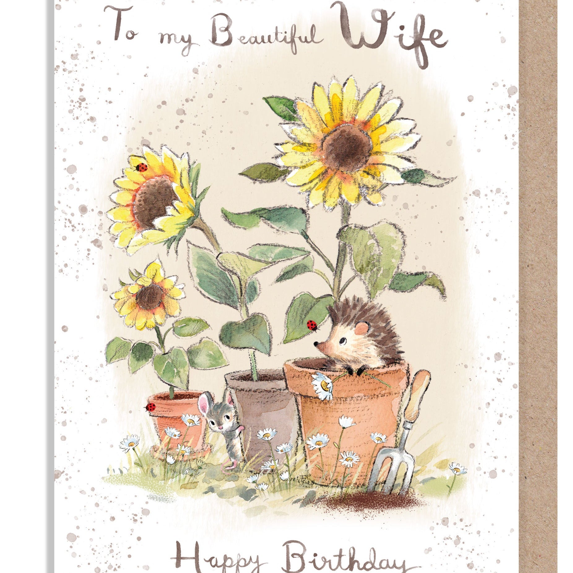 Birthday Card - Beautiful Wife - Hedgehog and Mouse with Sunflowers