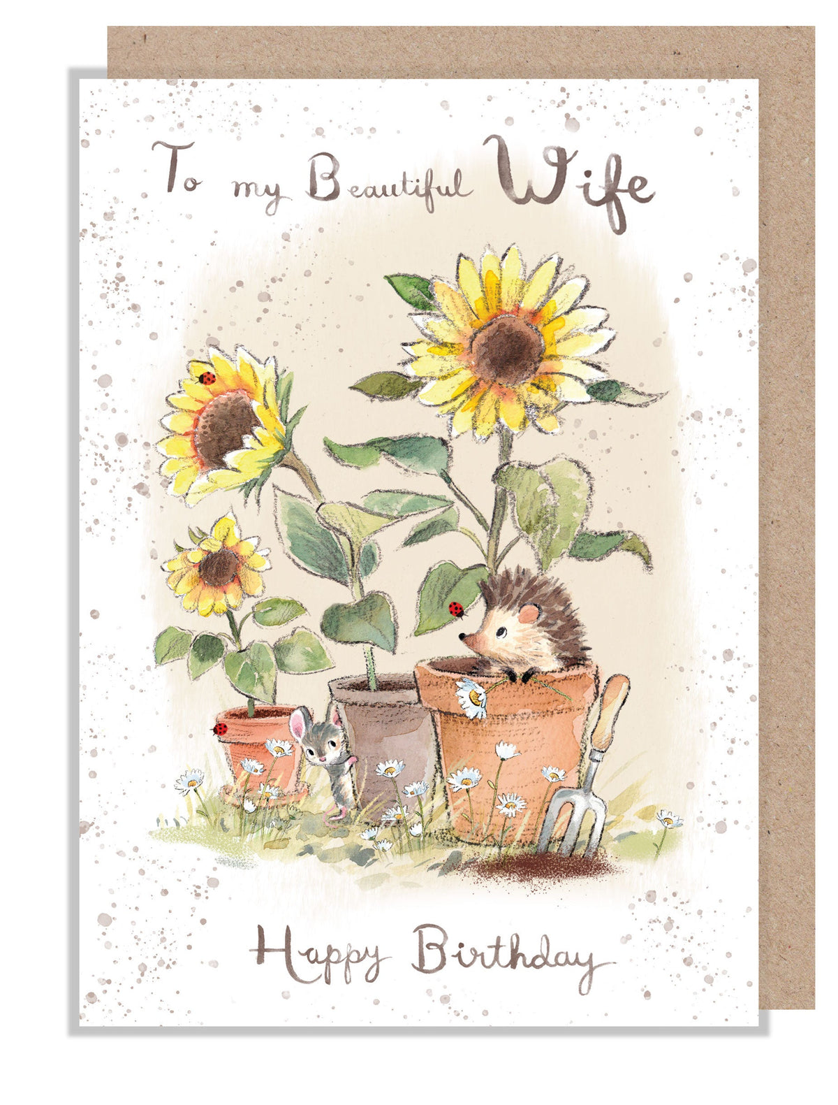 Birthday Card - Beautiful Wife - Hedgehog and Mouse with Sunflowers