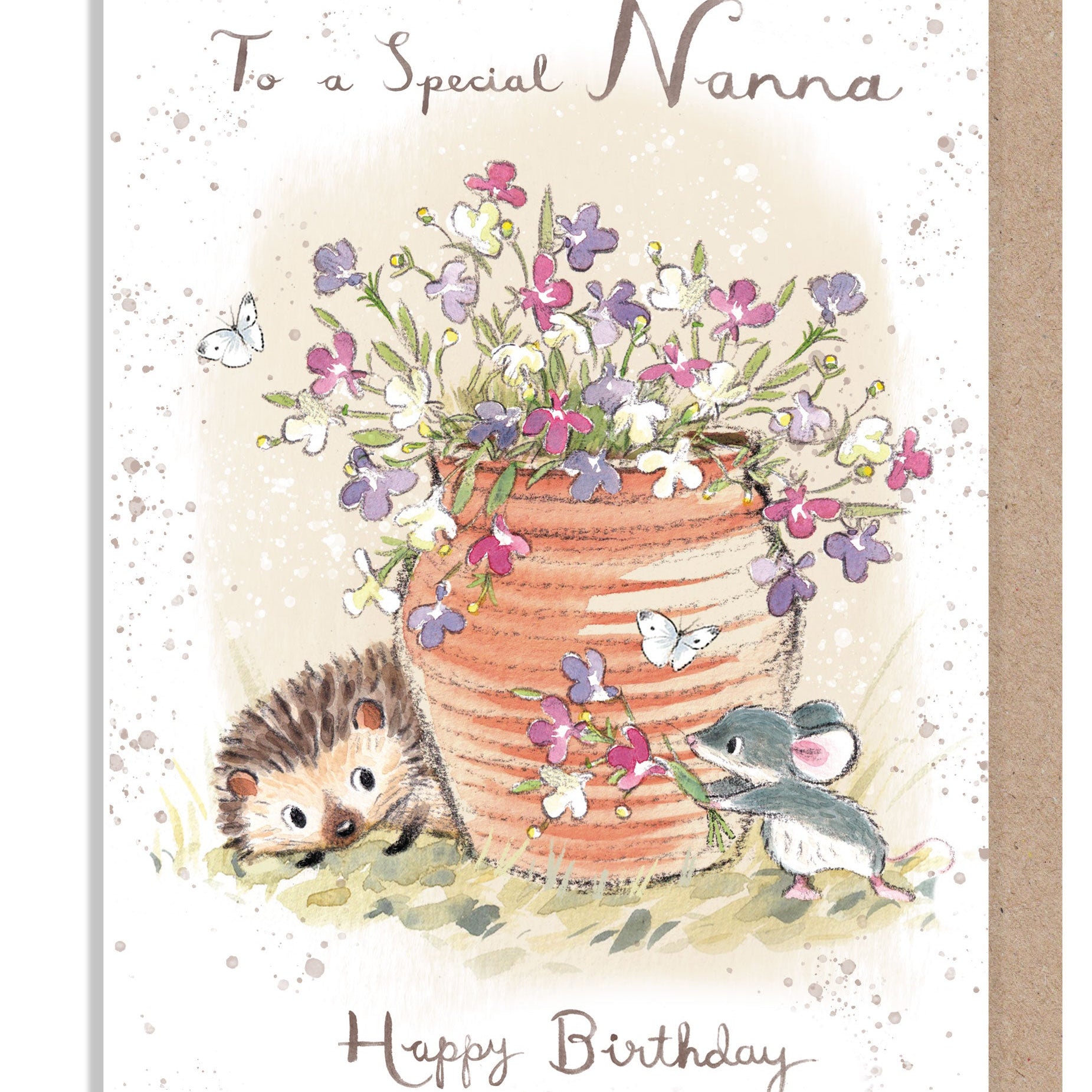 Birthday Card - Special Nanna - Hedgehog and Mouse with Flowers in Pot