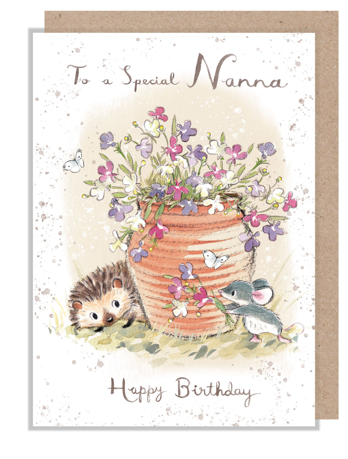 Birthday Card - Special Nanna - Hedgehog and Mouse with Flowers in Pot