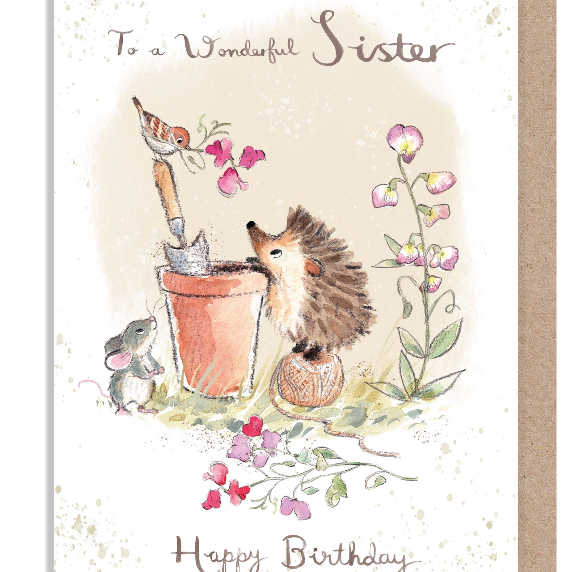 Birthday Card - Wonderful Sister - Hedgehog, Mouse and Bird with Sweetpeas and Flowerpot