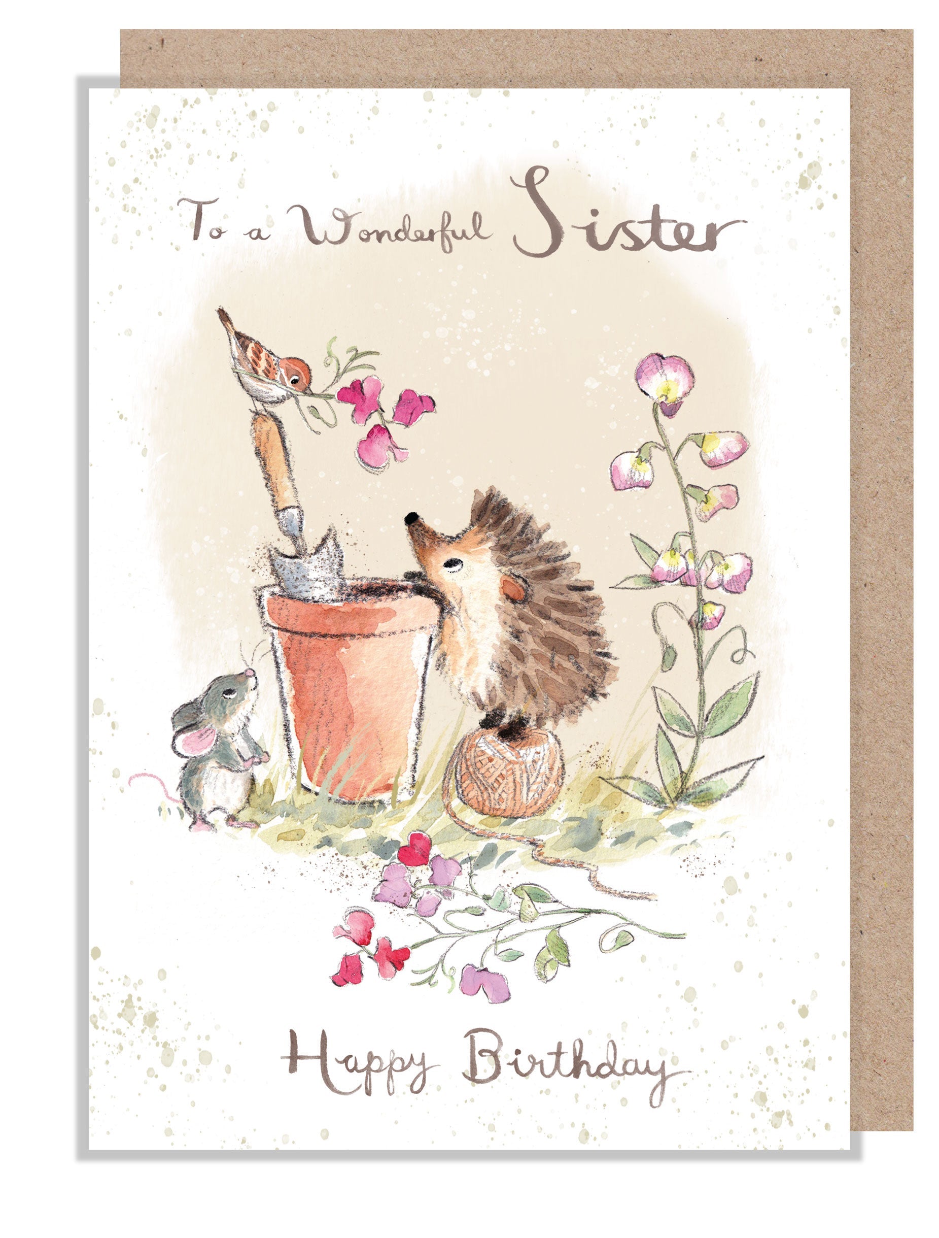 Birthday Card - Wonderful Sister - Hedgehog, Mouse and Bird with Sweetpeas and Flowerpot