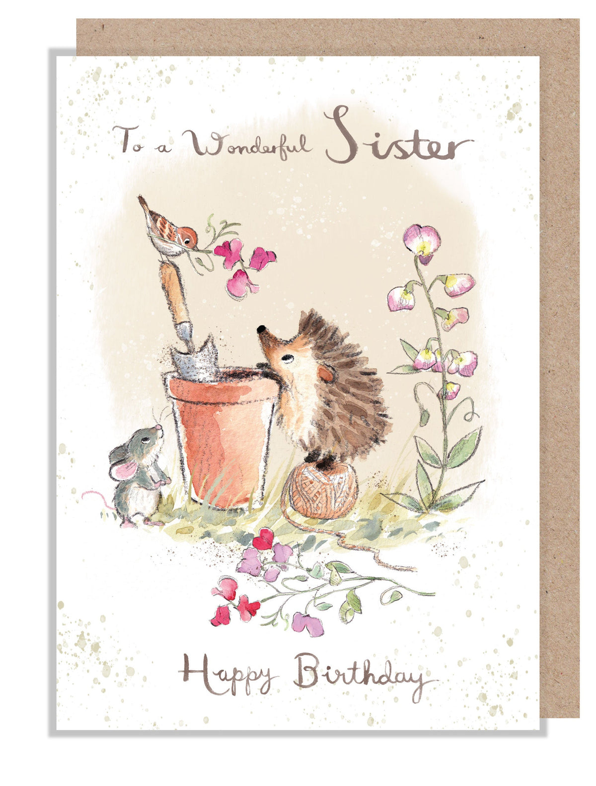 Birthday Card - Wonderful Sister - Hedgehog, Mouse and Bird with Sweetpeas and Flowerpot