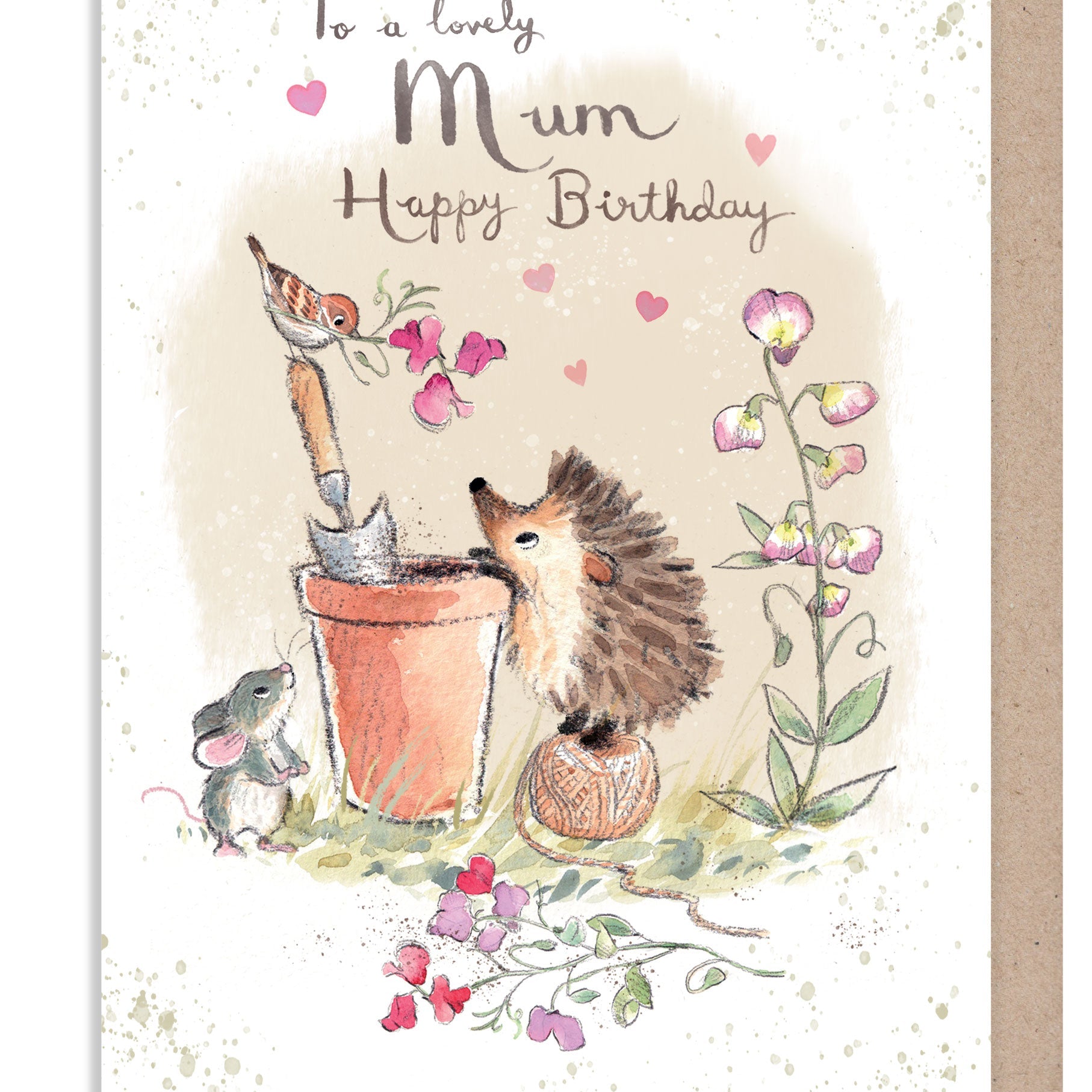 Birthday Card - To a Lovely Mum - Hedgehog, Mouse, Bird and Flowerpot