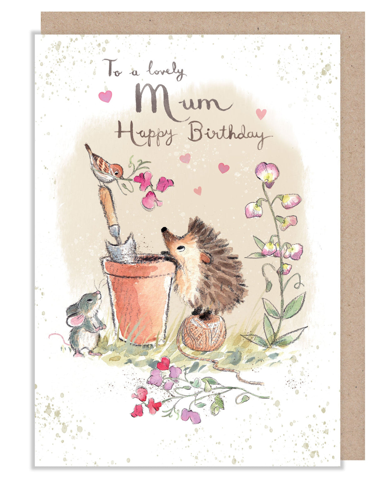 Birthday Card - To a Lovely Mum - Hedgehog, Mouse, Bird and Flowerpot