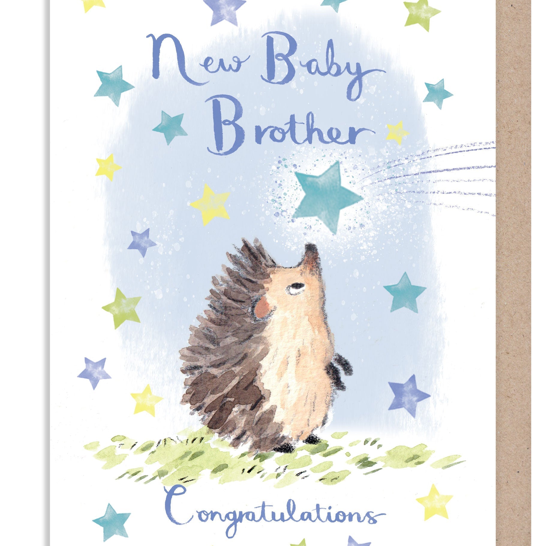 Greeting Card - New Baby Brother - Hedgehog with Blue Shooting Star