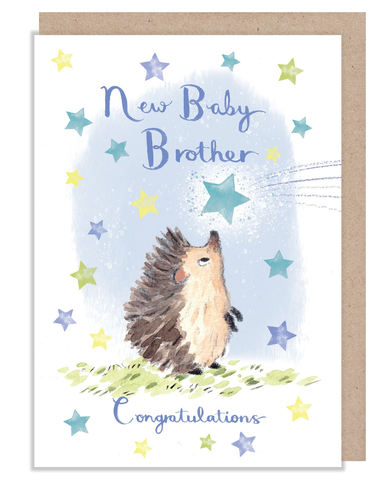 Greeting Card - New Baby Brother - Hedgehog with Blue Shooting Star