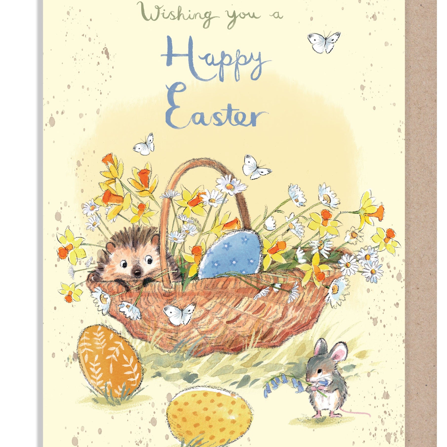 Easter Card - Happy Easter - Hedgehog in Flower Basket with Mouse and Eggs