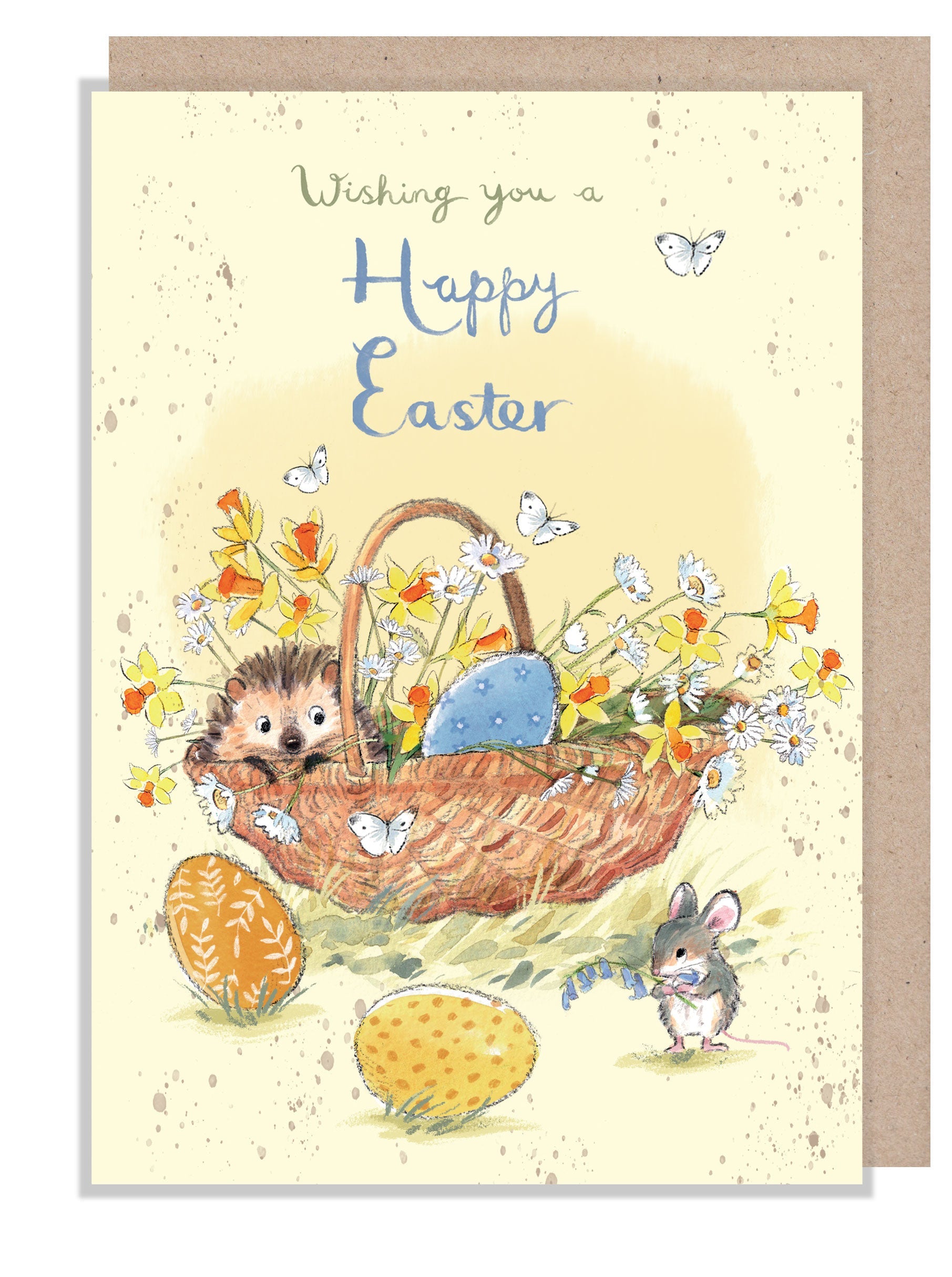 Easter Card - Happy Easter - Hedgehog in Flower Basket with Mouse and Eggs