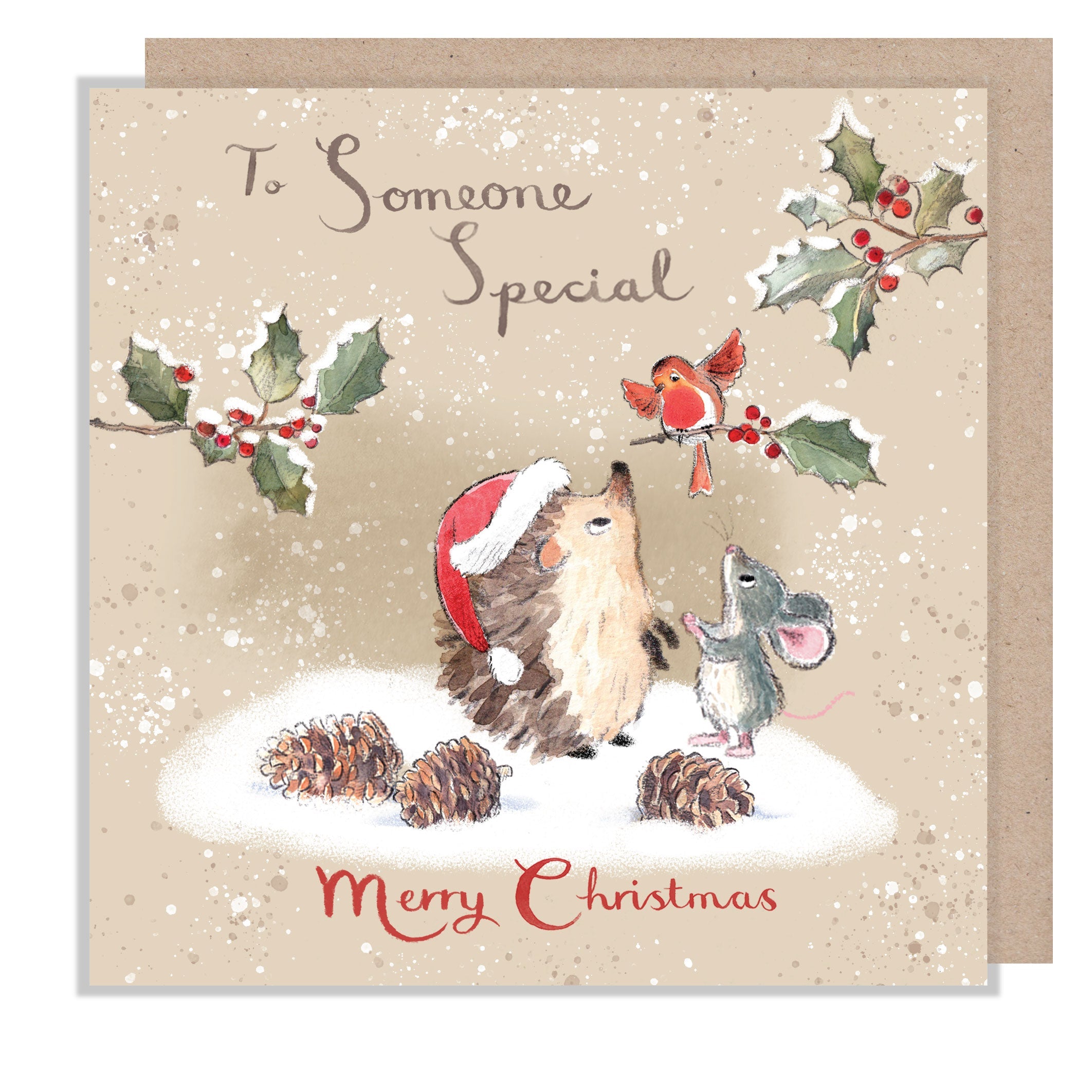 Christmas Card - Someone Special - Hedgehog and Mouse Looking at Robin