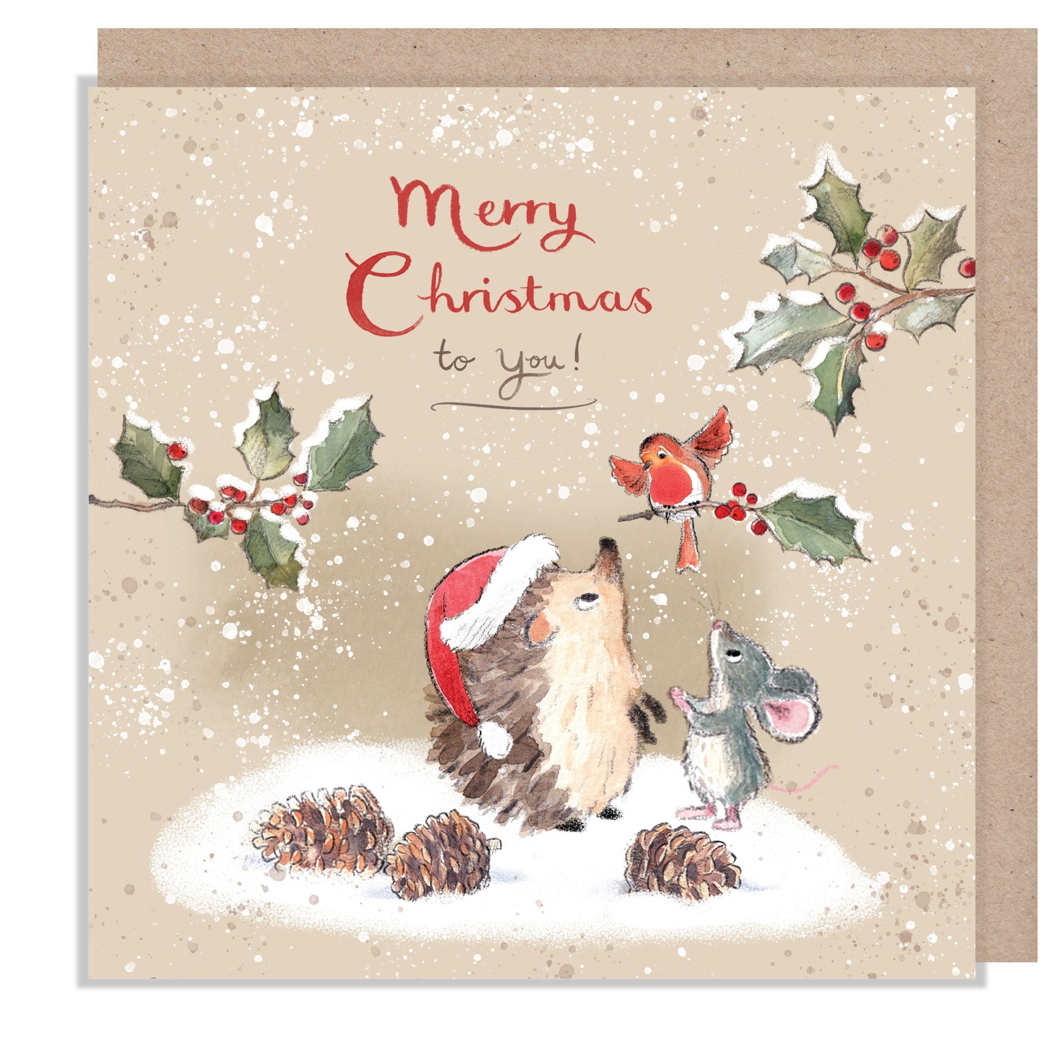 Christmas Card - Merry Christmas - Hedgehog and Mouse Looking at Robin with Holly