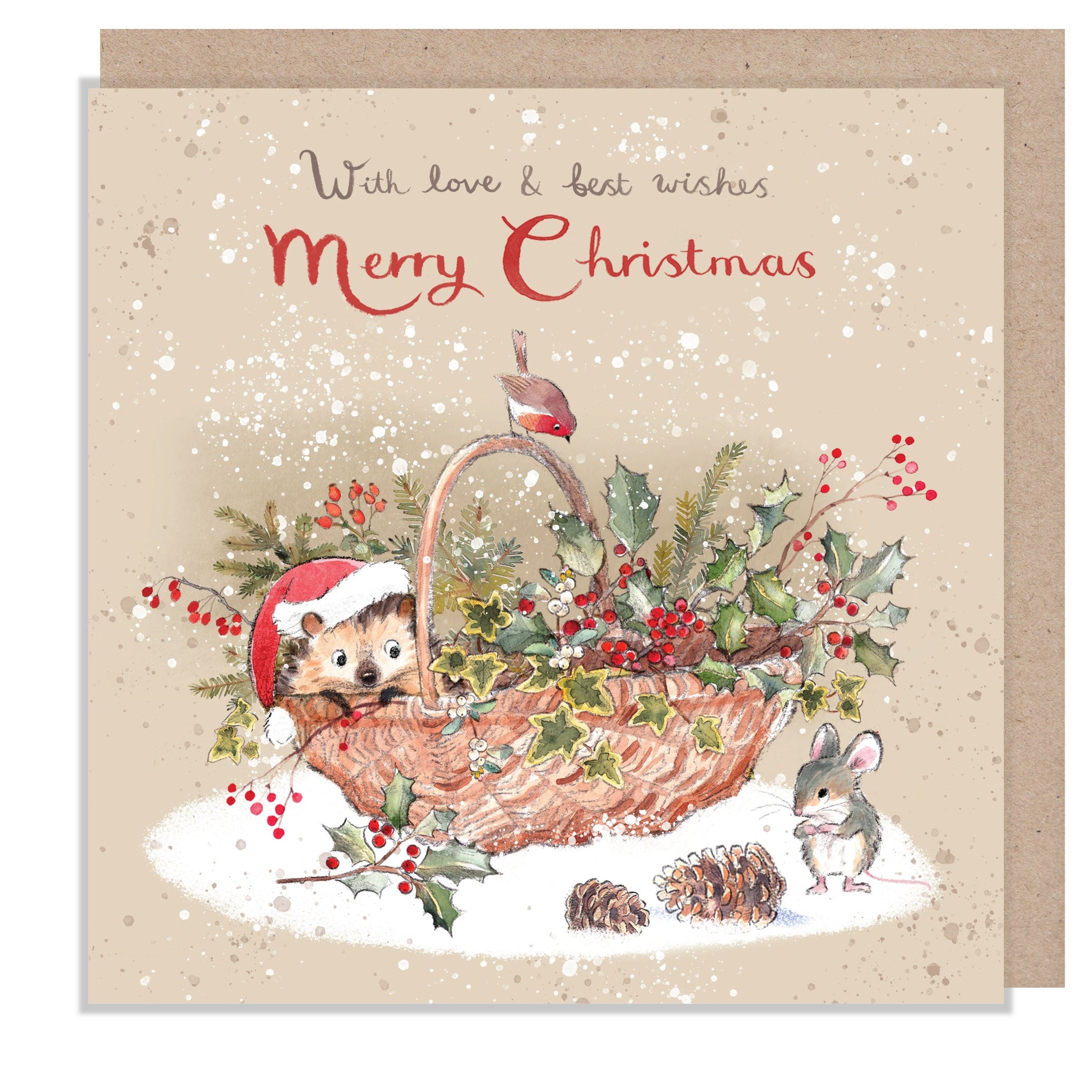 Christmas Card - Merry Christmas - Hedgehog, Mouse and Basket with Winter Foliage