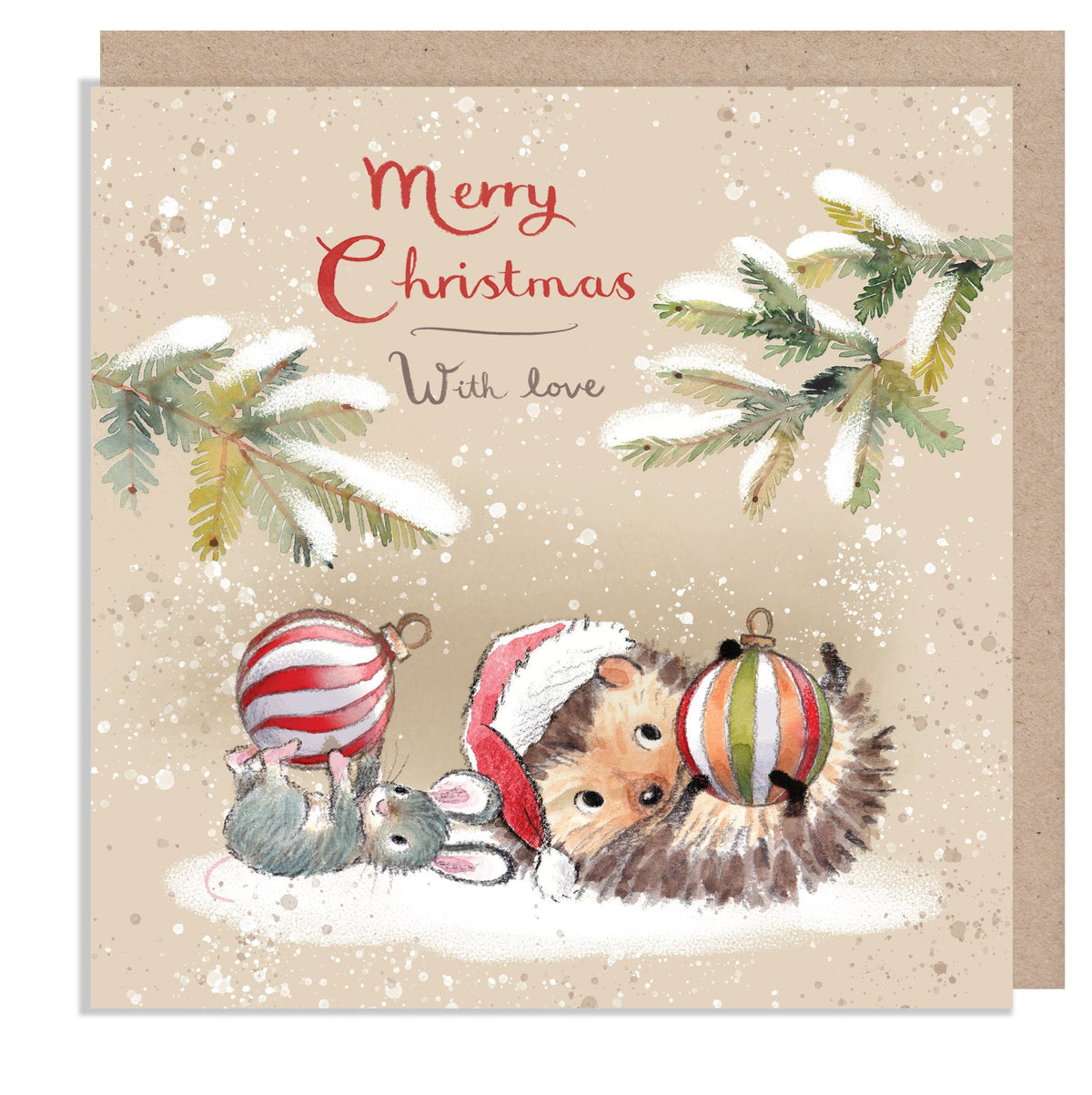 Christmas Card - Merry Christmas - Mouse and Hedgehog with Baubles